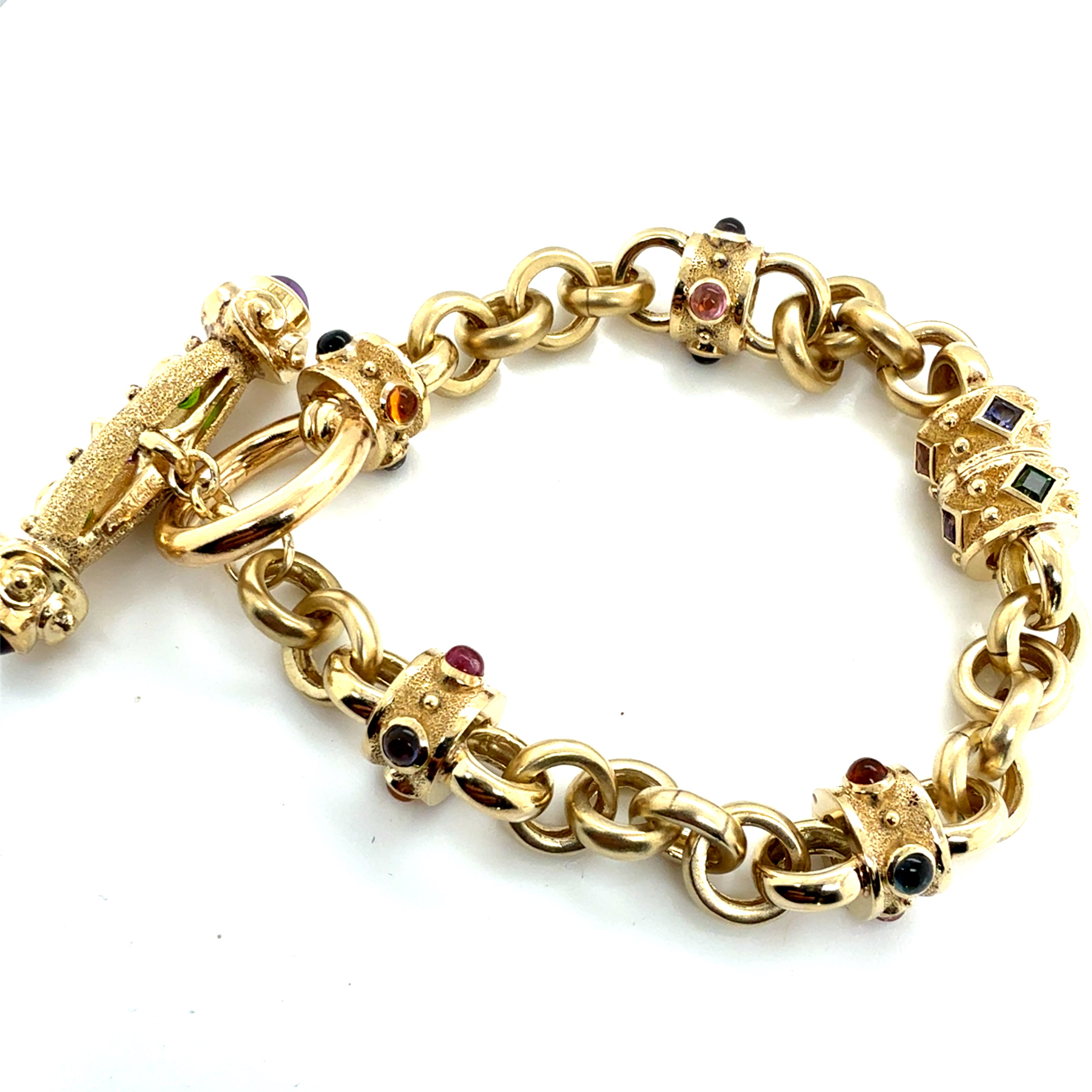 Statement 14K Gold Toggle Bracelet with Amethyst, Sapphire, Tourmaline Cabochon