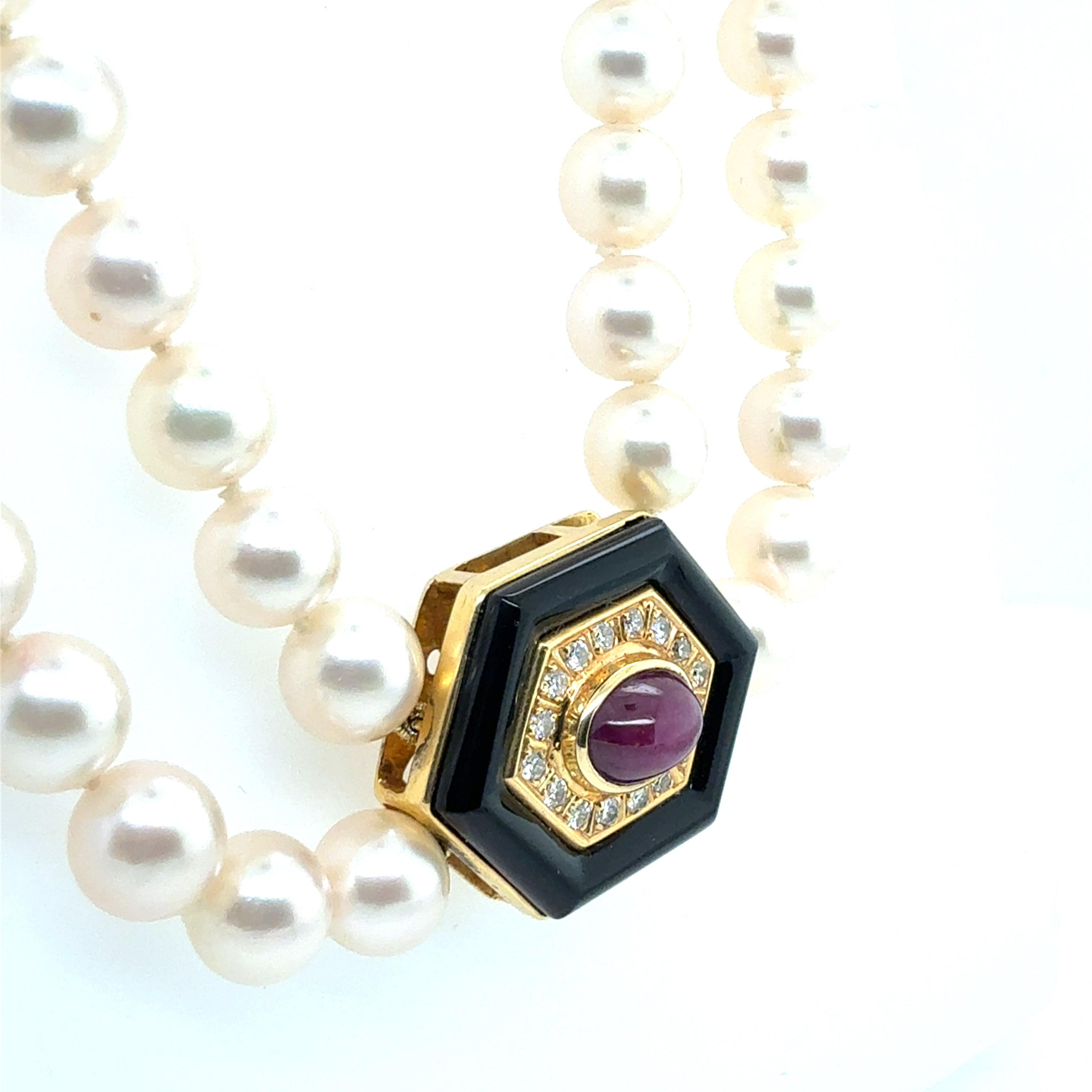 Retro Gold Double Row Pearl Onyx 0.4ct Natural Diamond Ruby CAB Necklace 1980