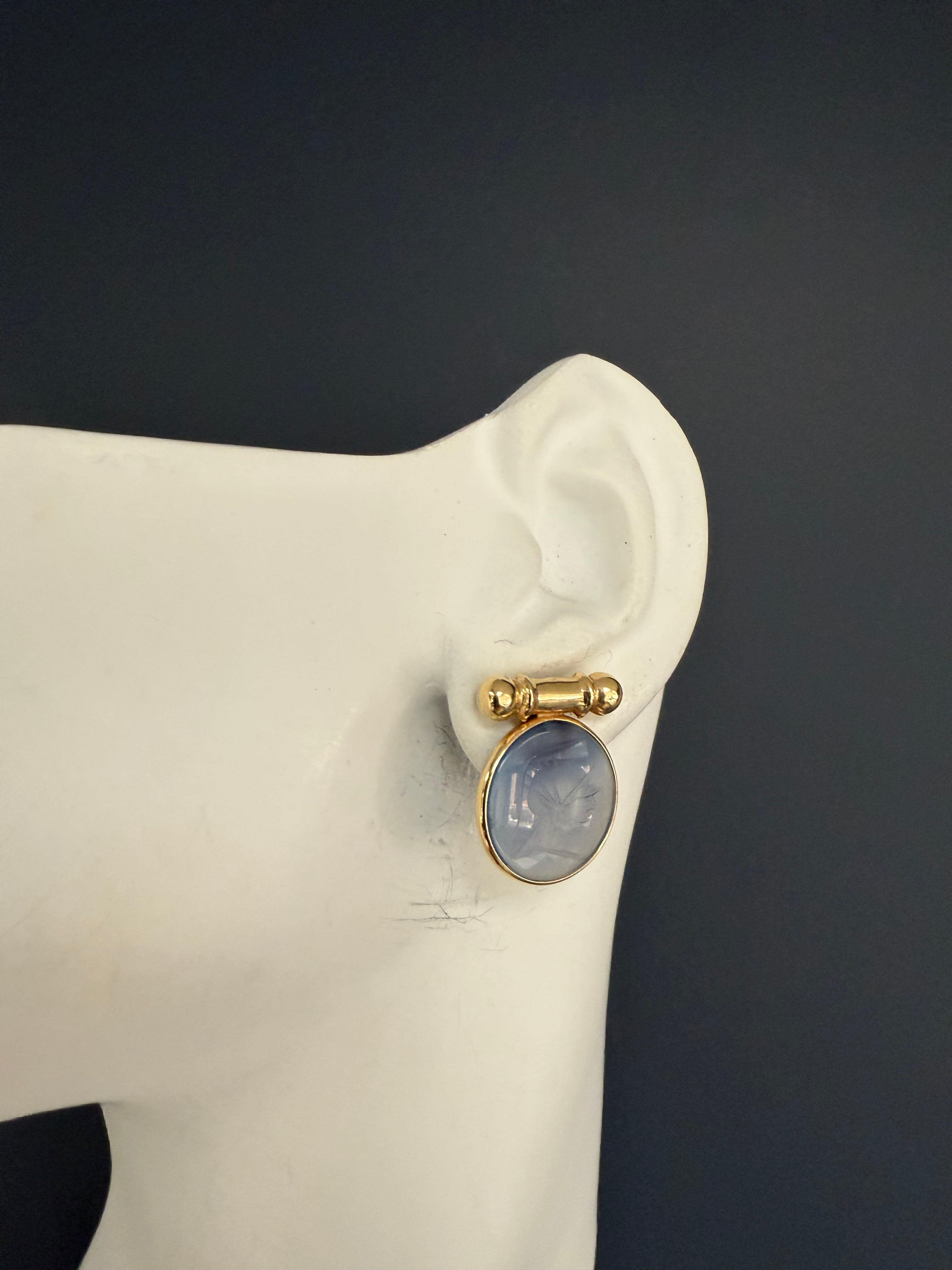 Retro Gold Earrings Bezel Set with Blue Roman Carnelian Intaglio Circa 1980