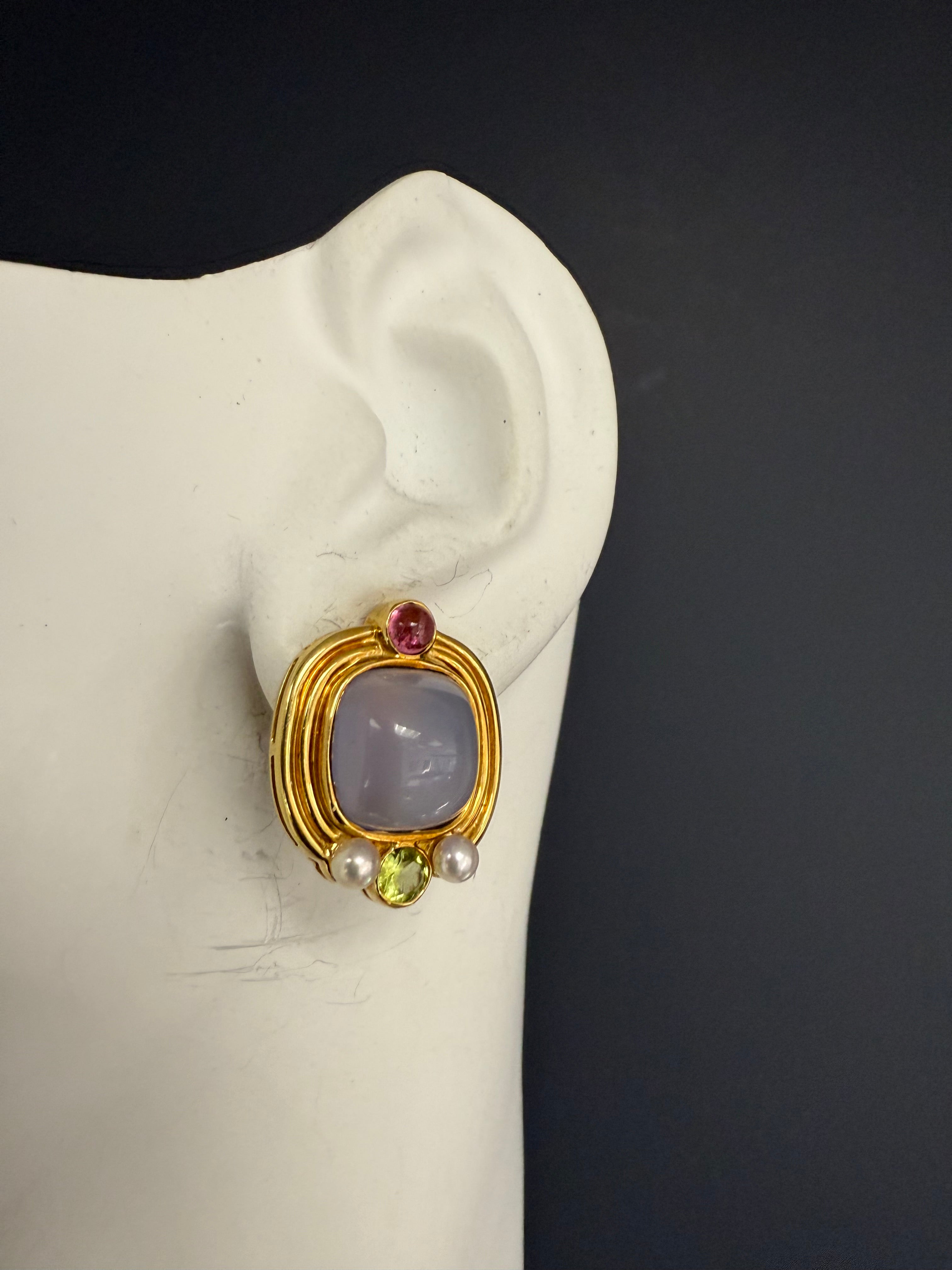 Retro Gold Cabochon Earrings with Chalcedony, Tourmaline & Peridot