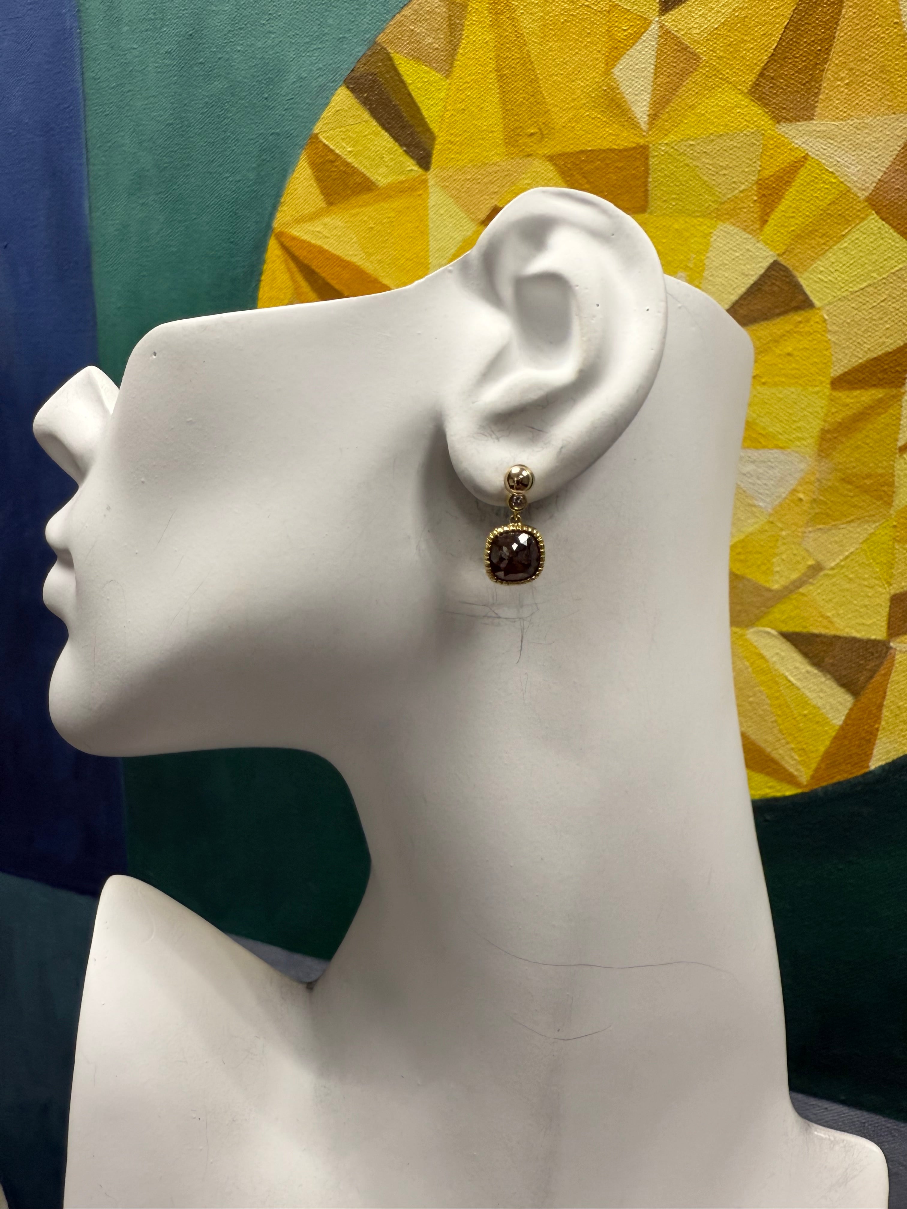 Retro Gold Champagne Brown Rose Cut Natural Diamond Drop Earrings Circa 1980