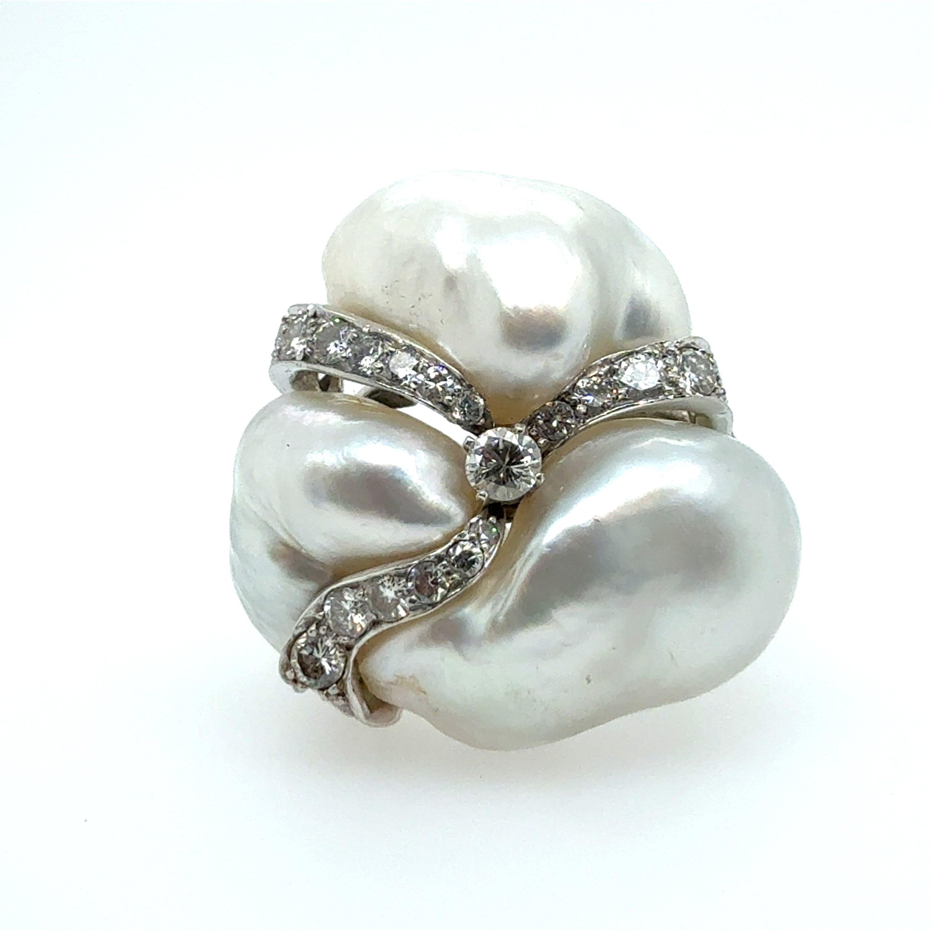 Retro Platinum 2.2 Carat Natural Diamond and Pearl Cocktail Ring Circa 1960
