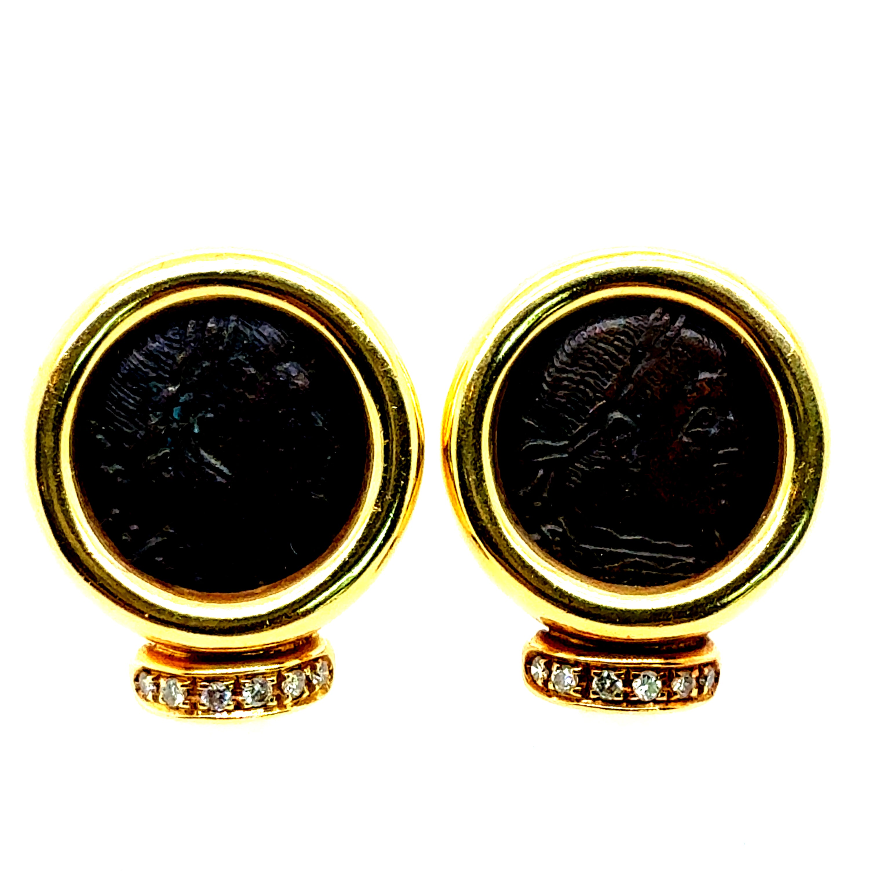 Retro Yellow Gold Roman Constantine Coin & Natural Diamond Statement Earrings