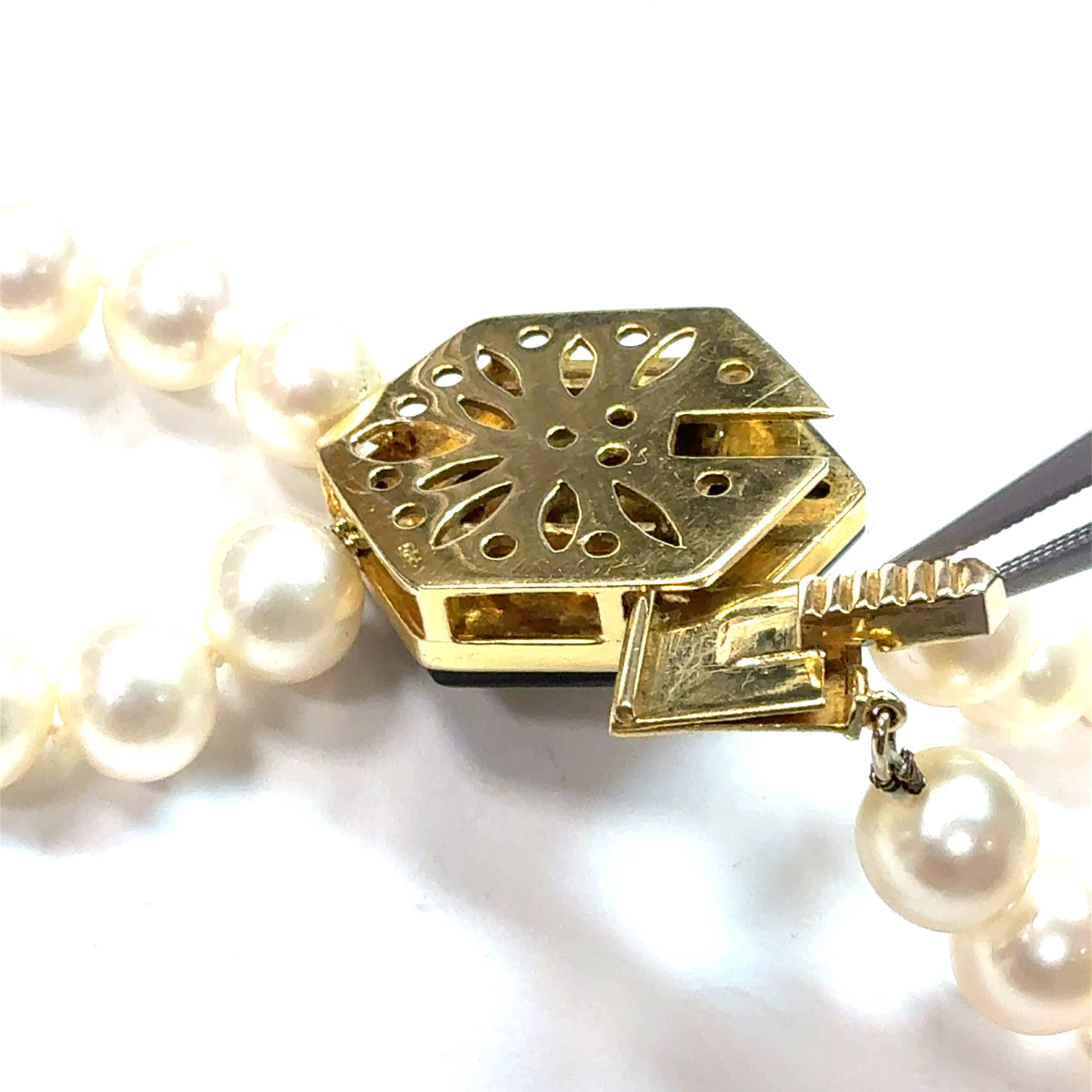 Retro Gold Double Row Pearl Onyx 0.4ct Natural Diamond Ruby CAB Necklace 1980