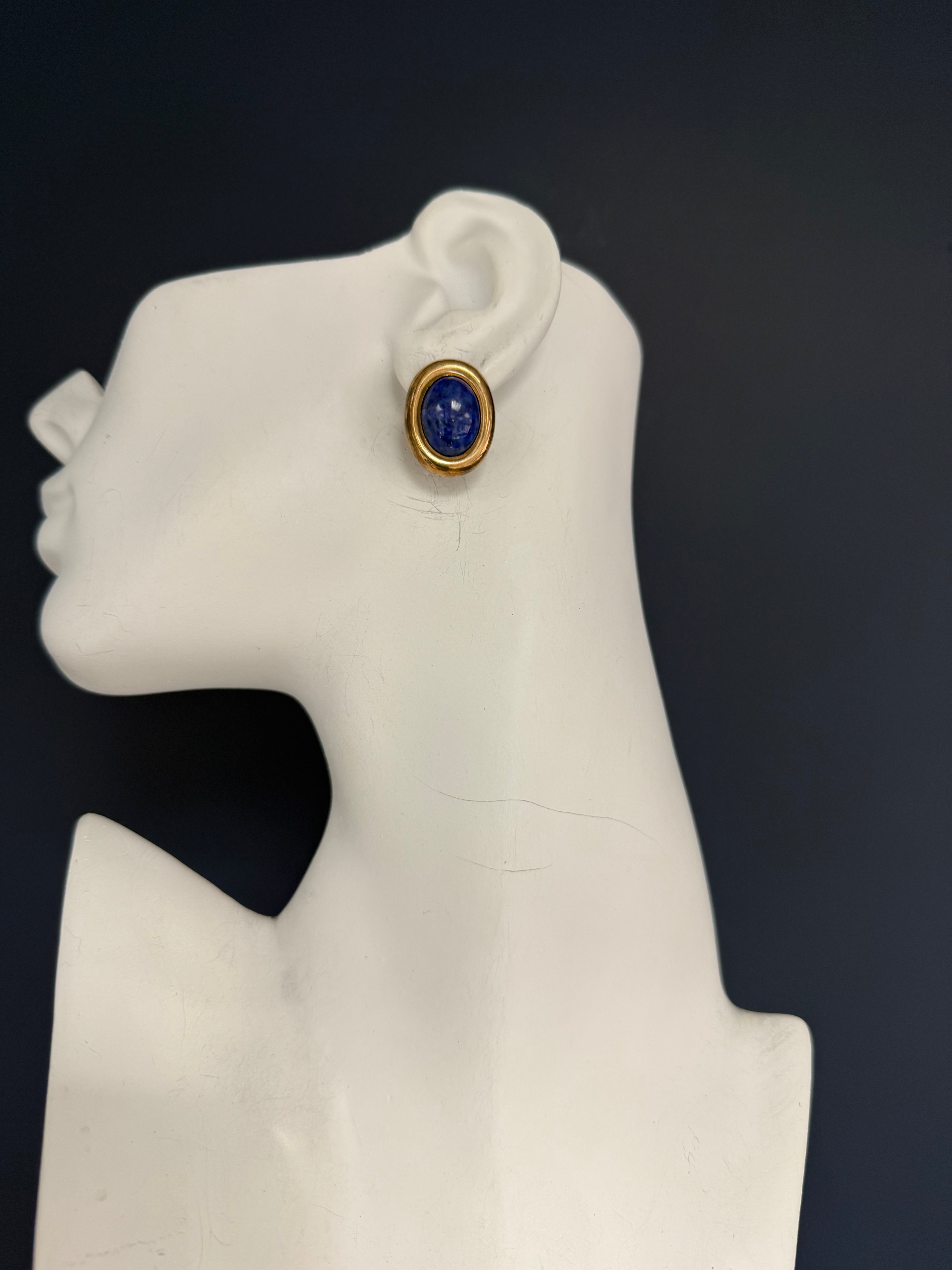 Retro Yellow Gold Oval Blue Lapis Lazuli Cabochon Statement Earrings Circa 1970
