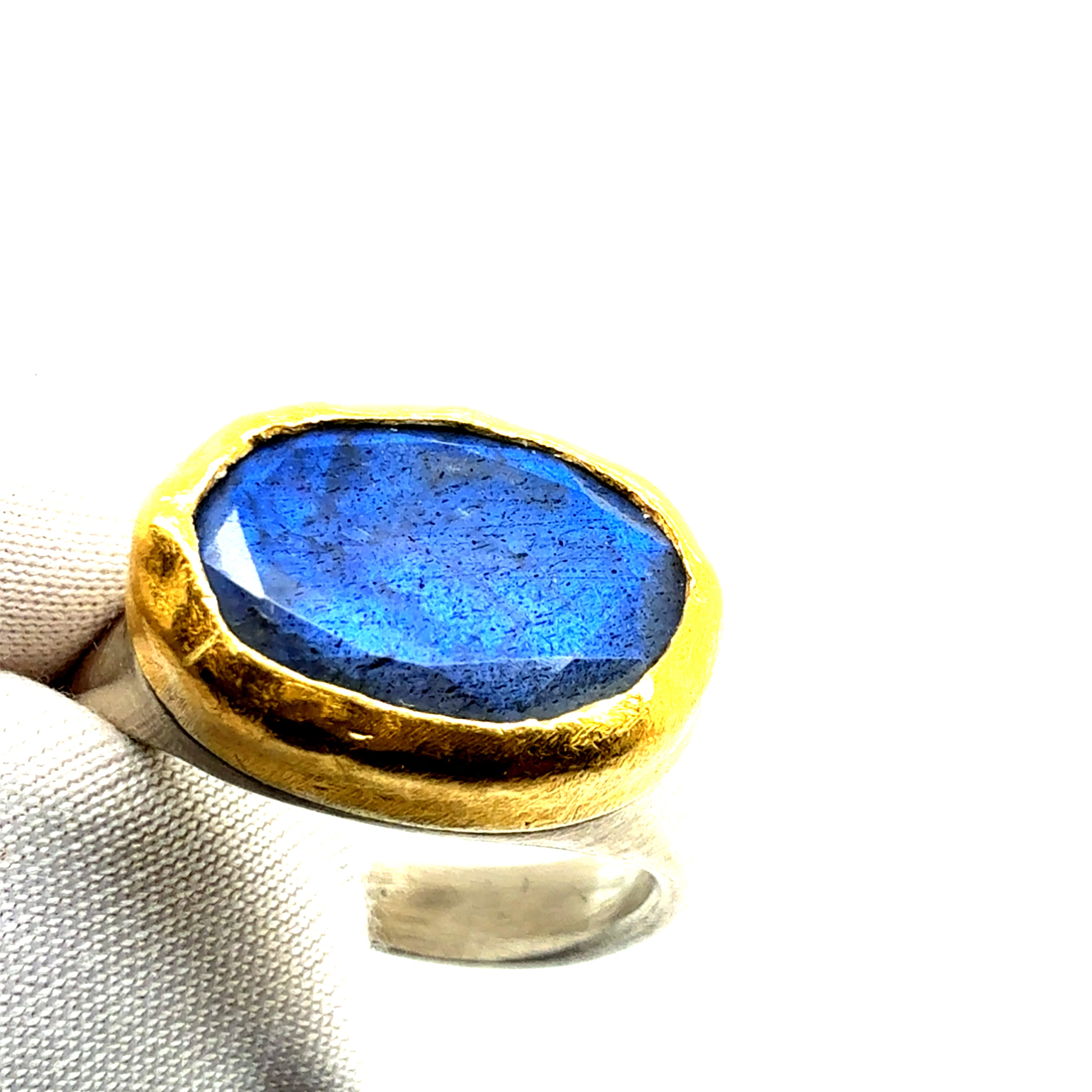 Retro Gold & Silver Blue Iridescent Labradorite Statement Ring Circa 1990