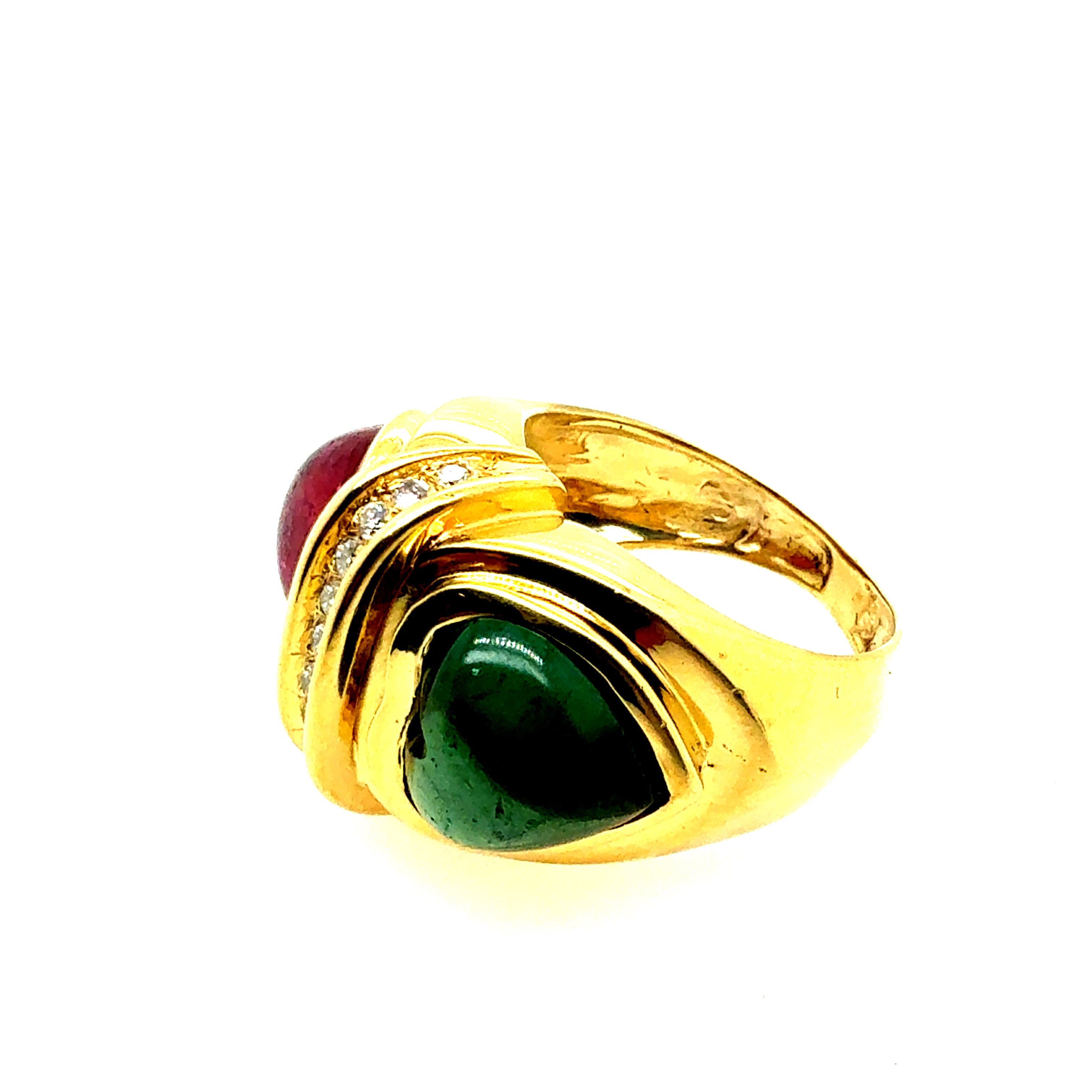 Retro Gold Natural Diamond & Tourmaline Cabochon Statement Ring Circa 1970