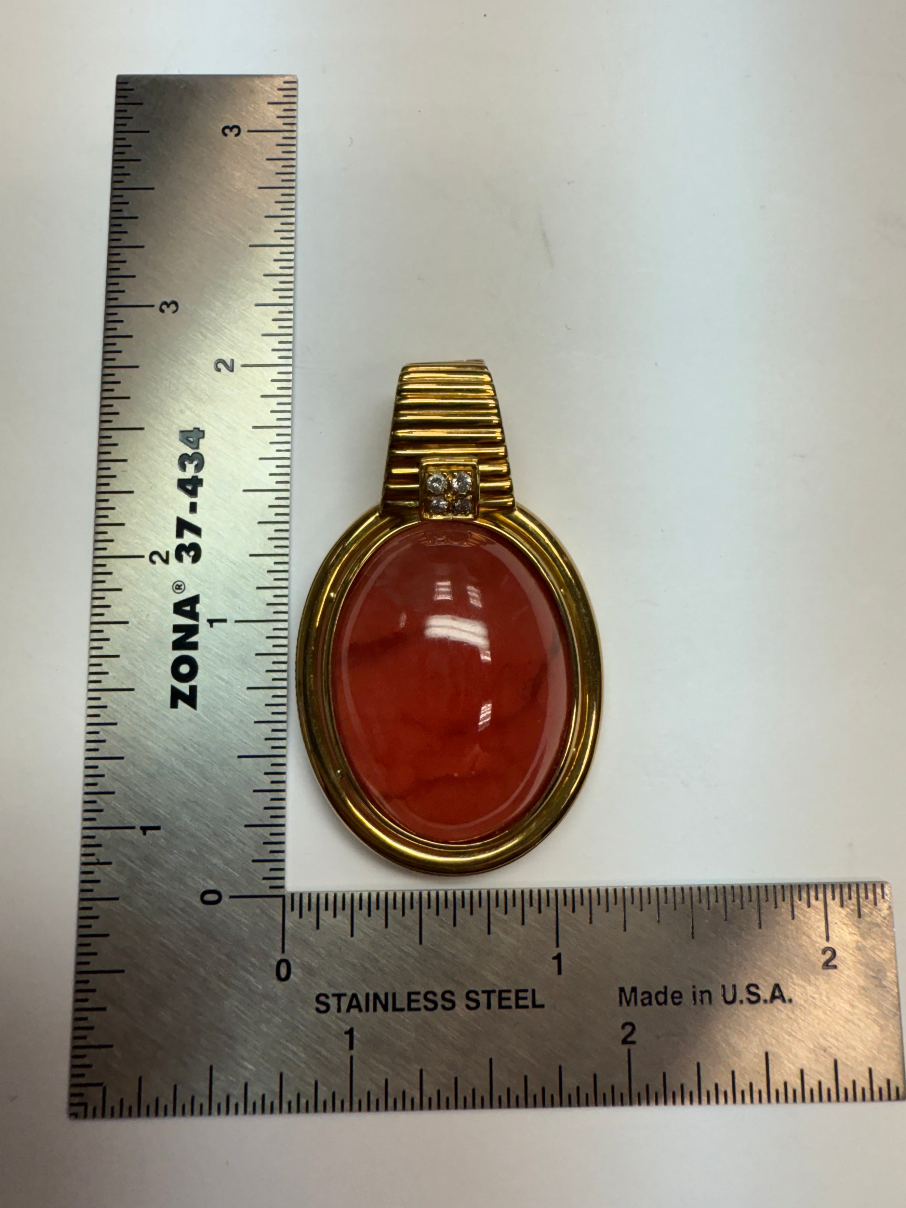 Retro Gold Natural Rhodochrosite & Diamond Statement Pendant Circa 1970