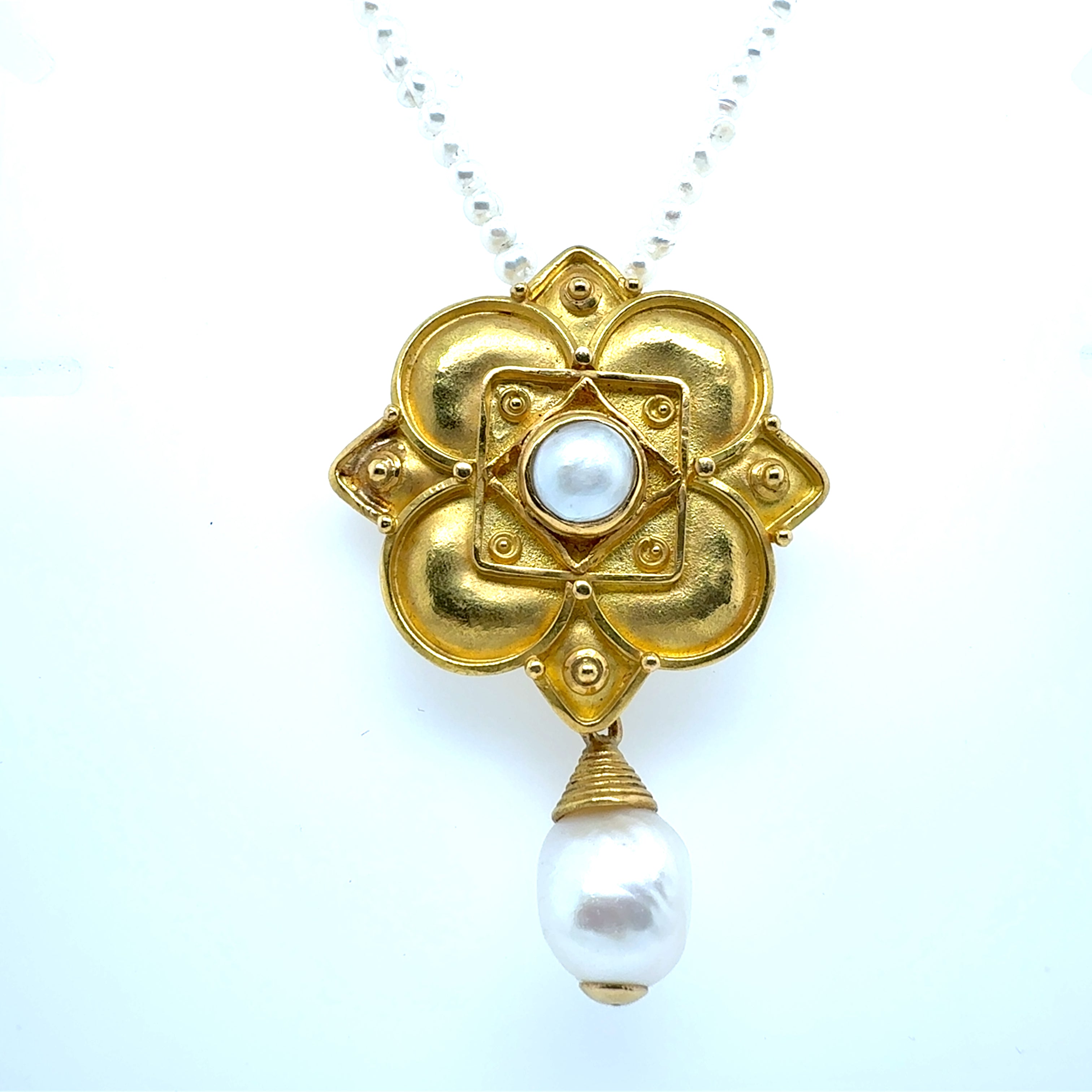 Retro 21K Gold Cultured Pearl Pendant Necklace Made in Italy Stamped 850