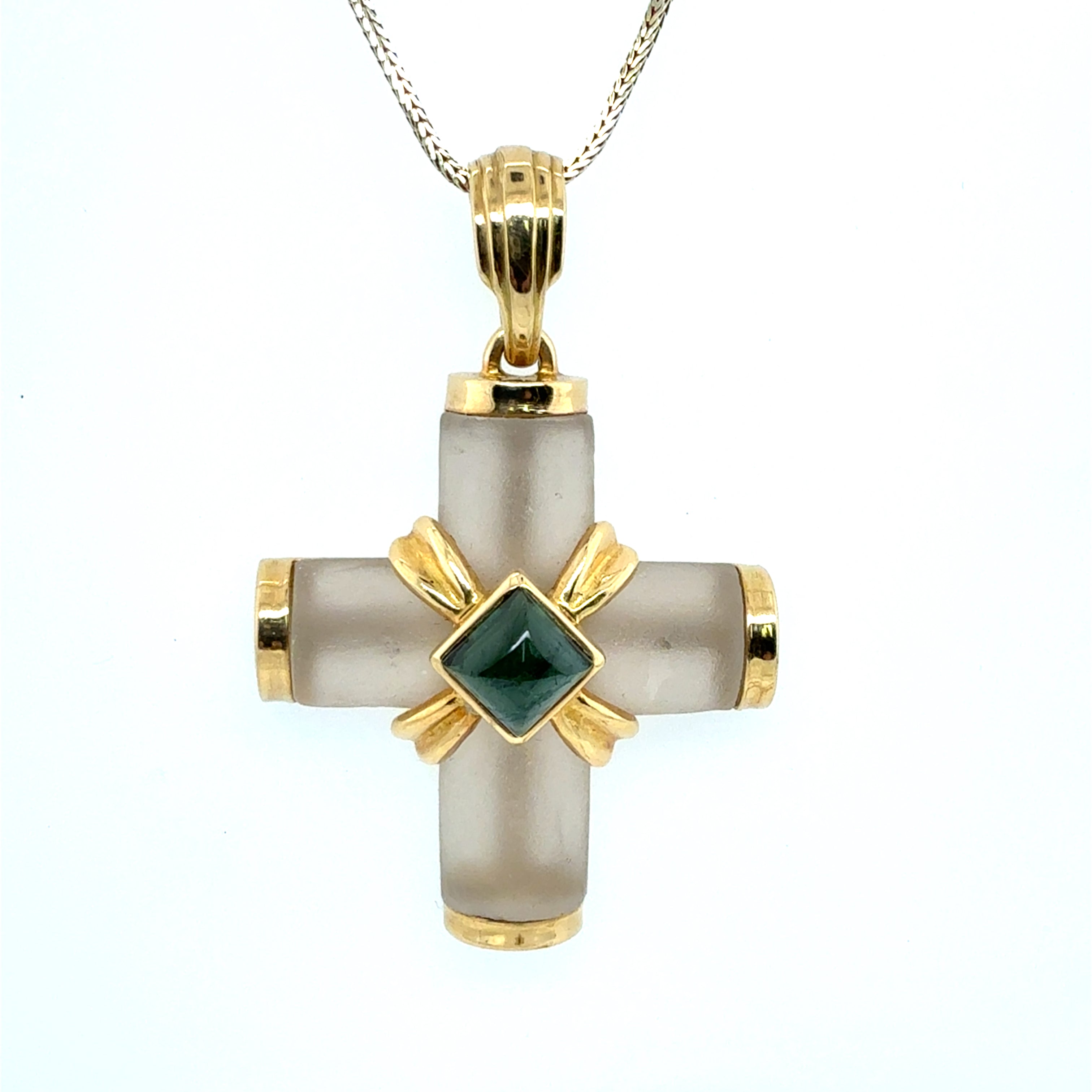 Retro Yellow Gold Natural Green Tourmaline Cab Greek Cross Statement Pendant