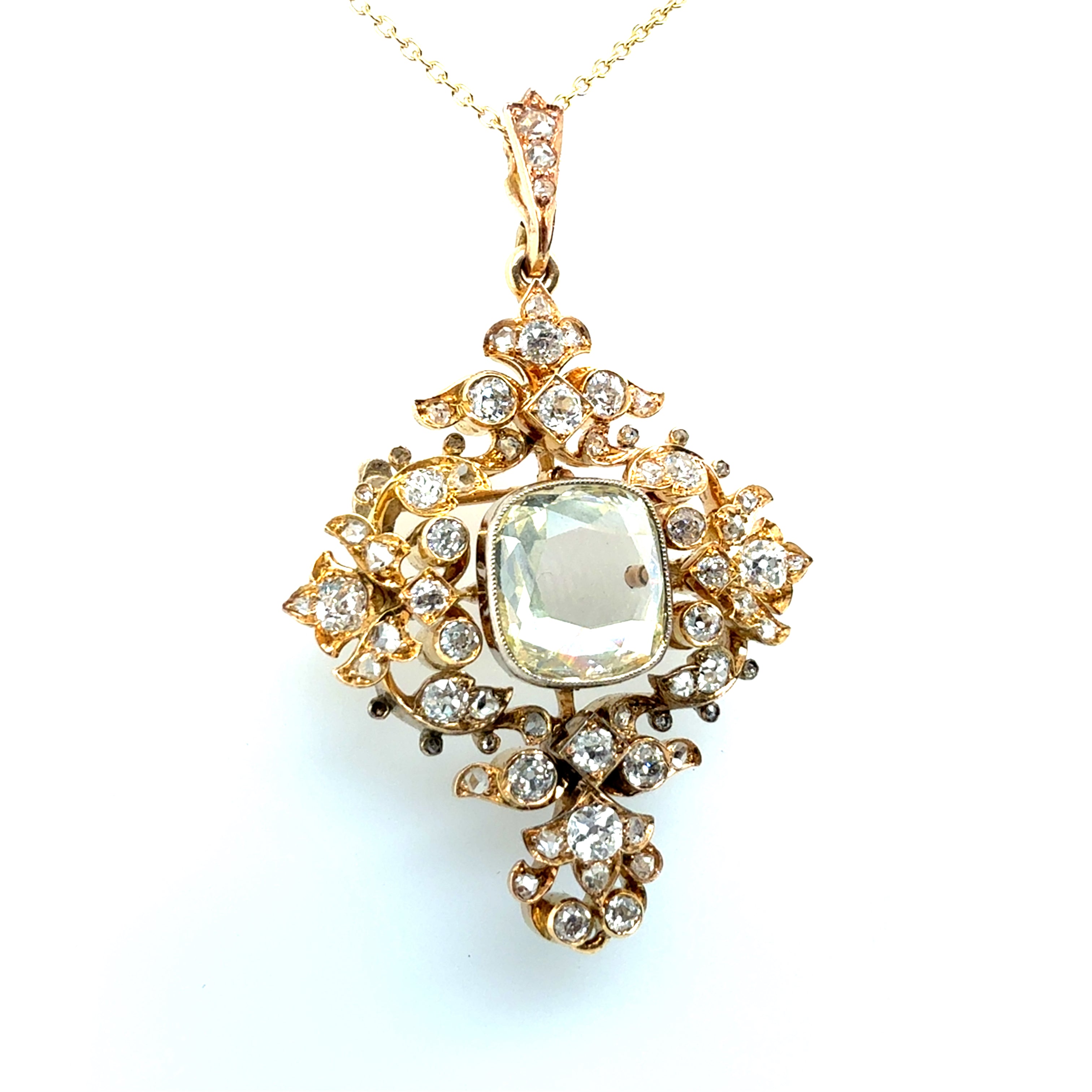 Retro Gold 3.2 Carat GIA Certified Natural Diamond Pendant Brooch Circa 1940