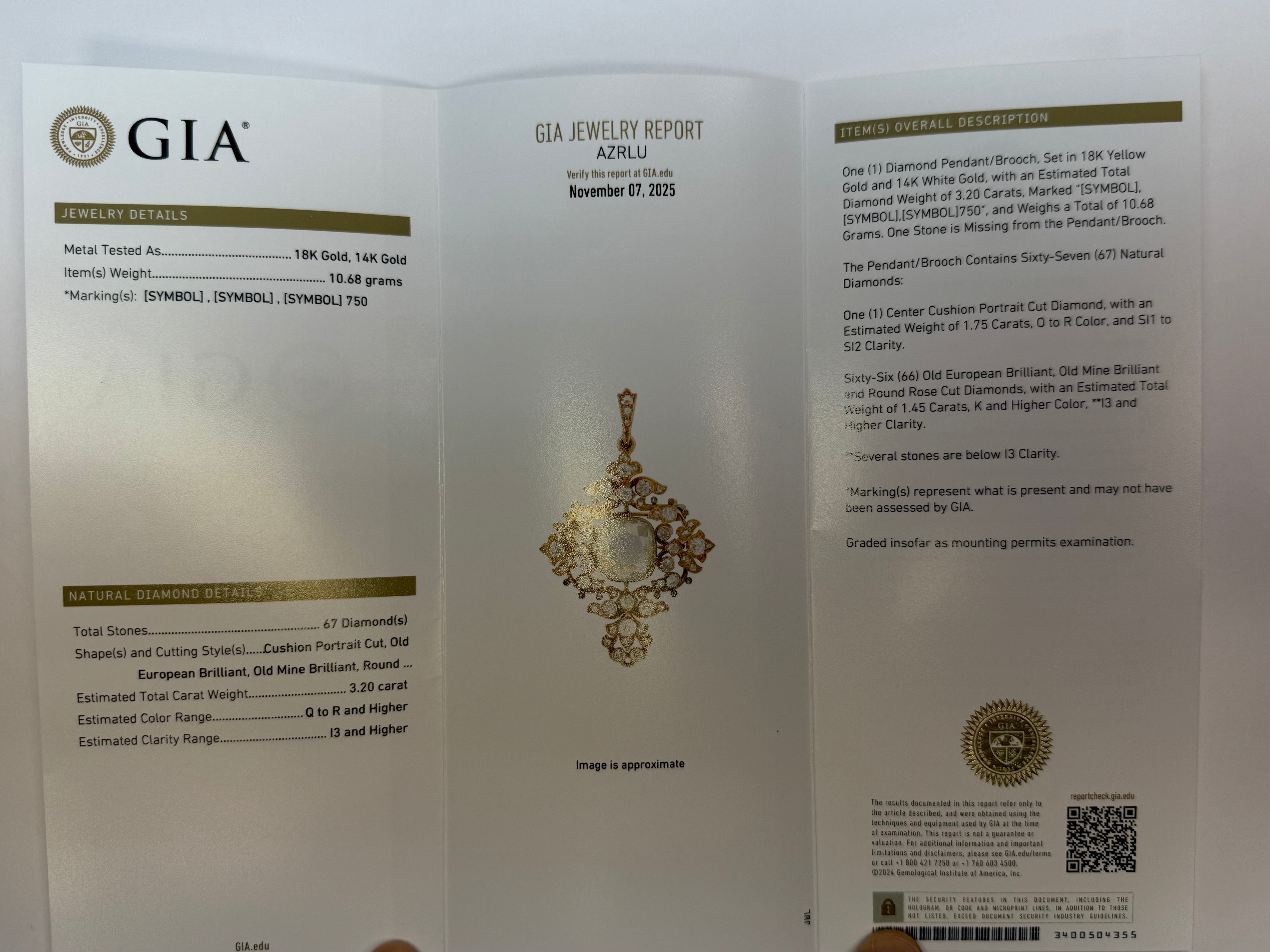 Retro Gold 3.2 Carat GIA Certified Natural Diamond Pendant Brooch Circa 1940