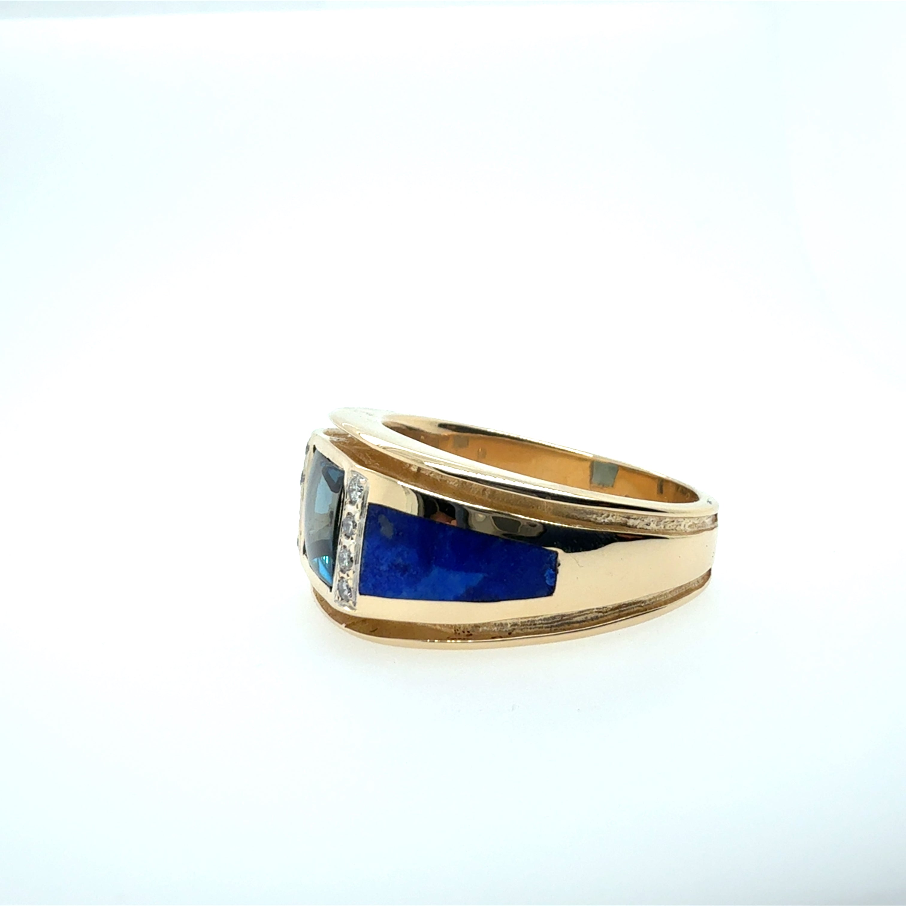 Retro Gold Natural London Blue Topaz & Diamond Mens Ring Circa 1980