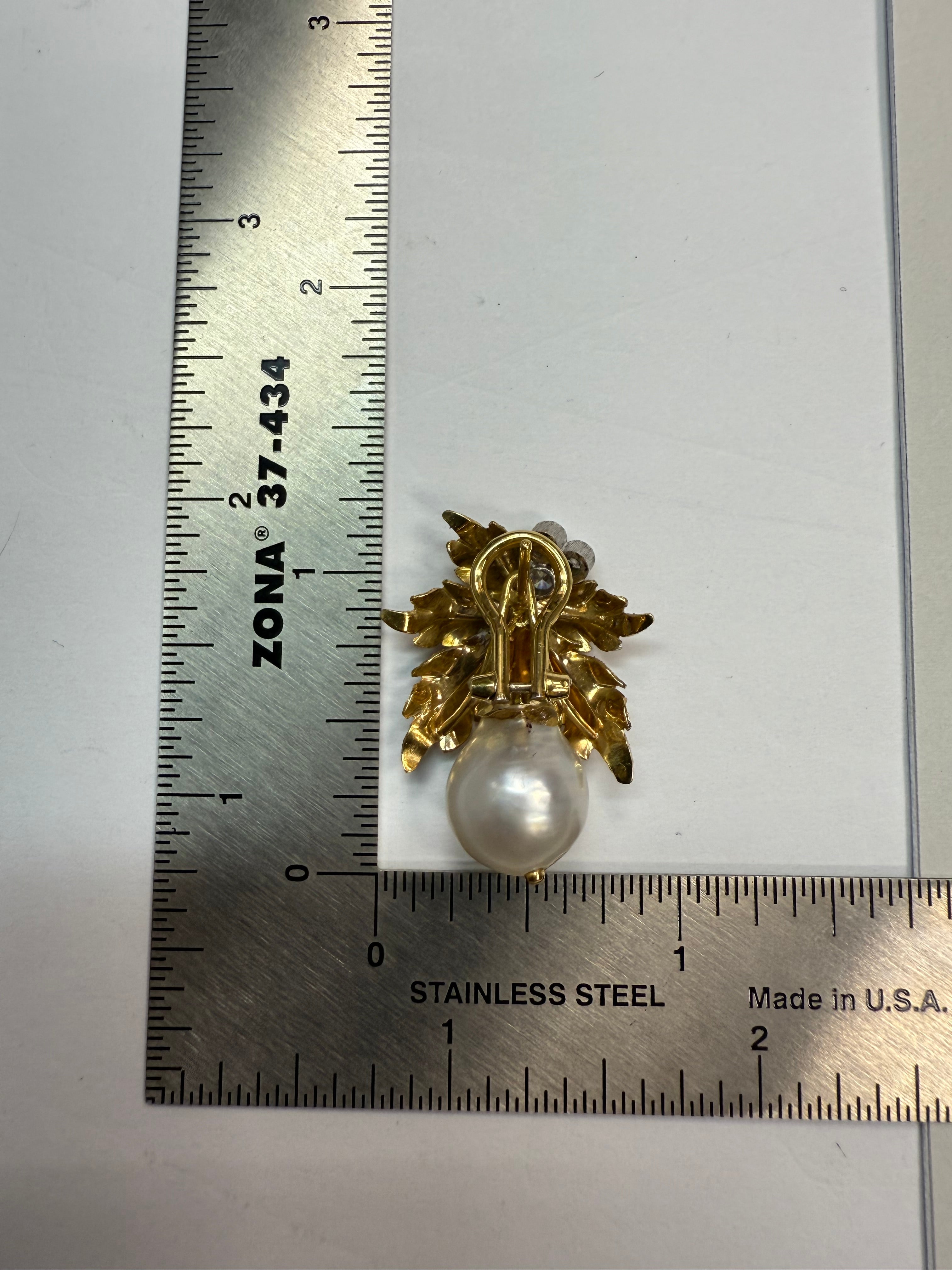 Retro Gold Natural Diamond and 11mm Pearl Leaf Earrings, Circa 1970