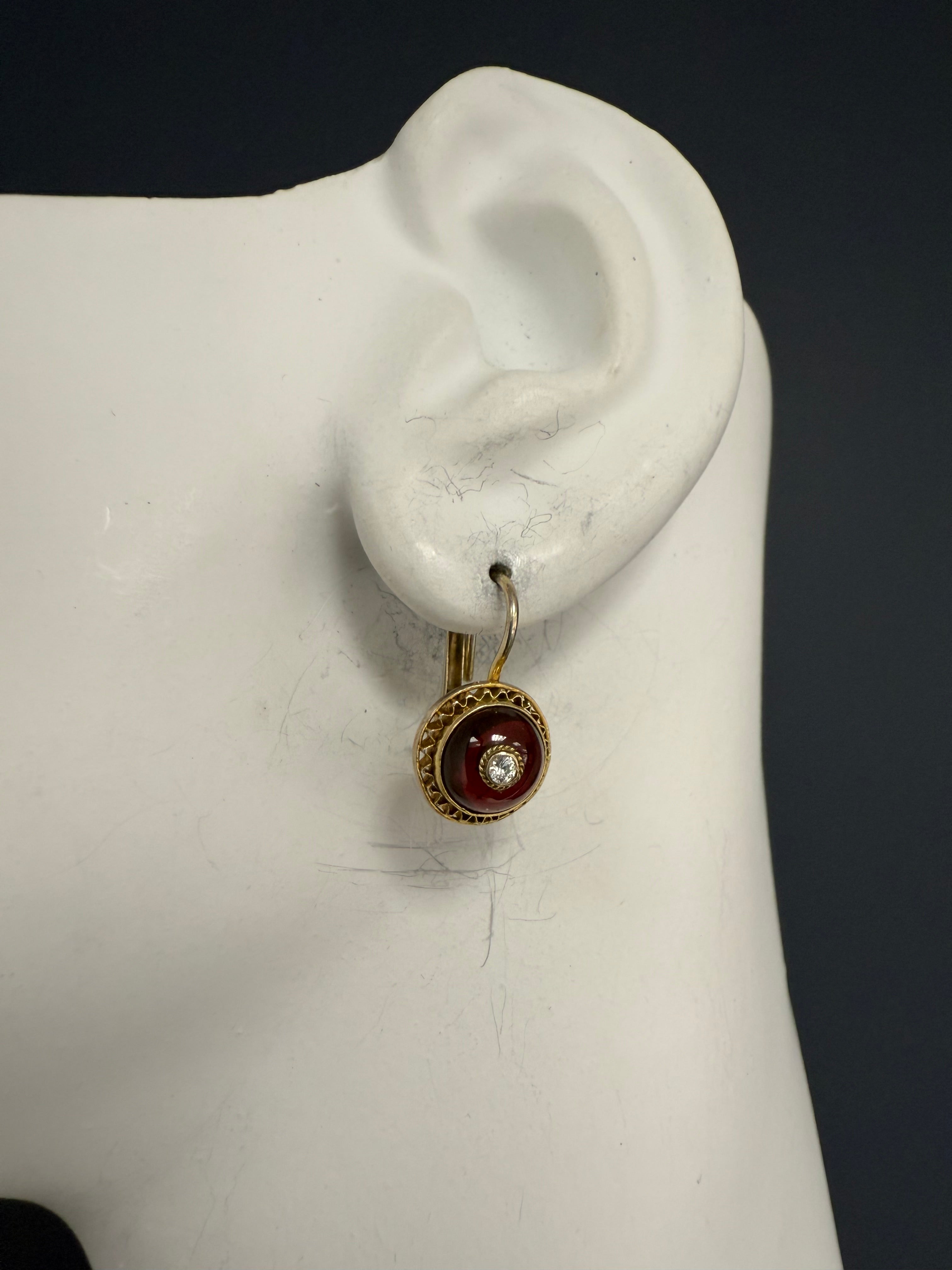 Retro Yellow Gold Natural Diamond And Red Enamel Filigree Earrings Circa 1960