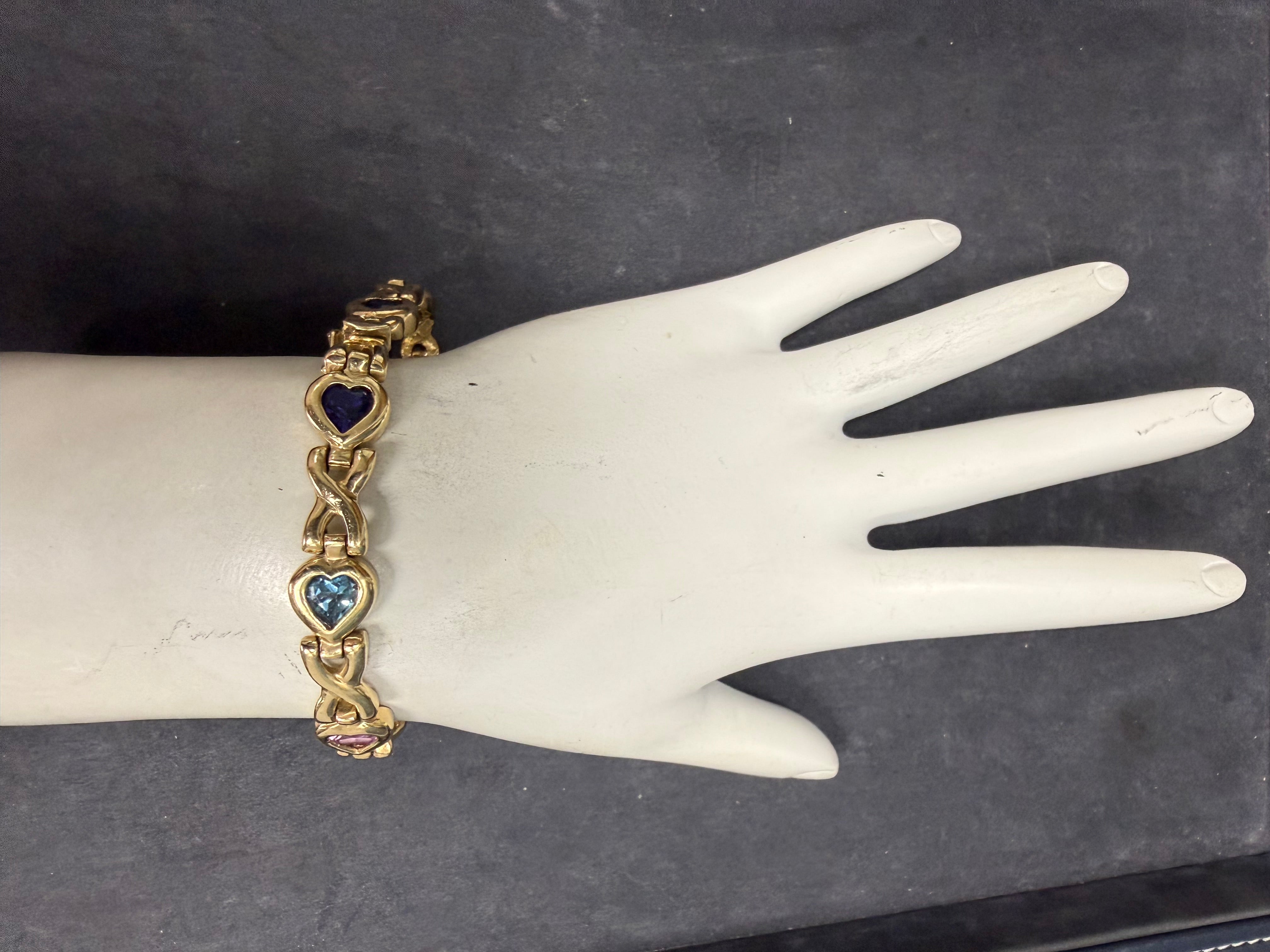 Retro 14K Yellow Gold Natural Multicolor Gem Heart Statement Bracelet Circa 1980