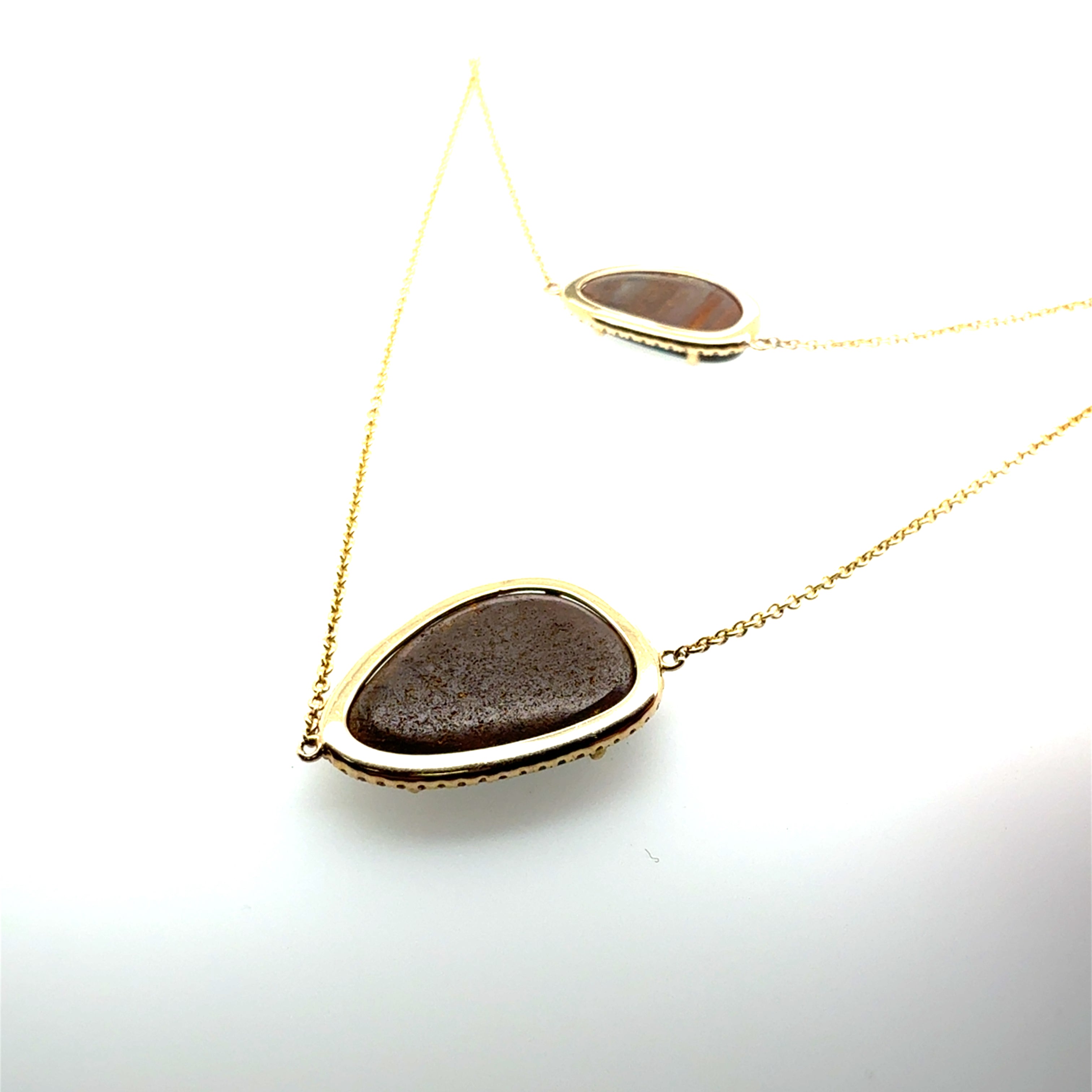 Modern 14K Gold Opal Doublet & Natural Diamond Two Strand Statement Necklace