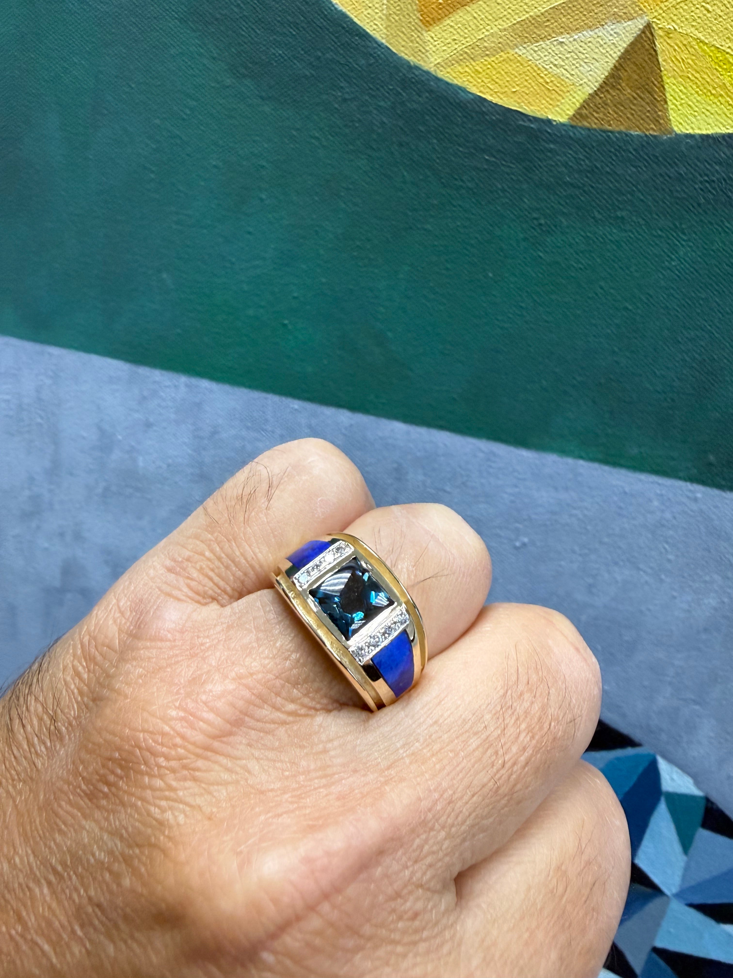 Retro Gold Natural London Blue Topaz & Diamond Mens Ring Circa 1980