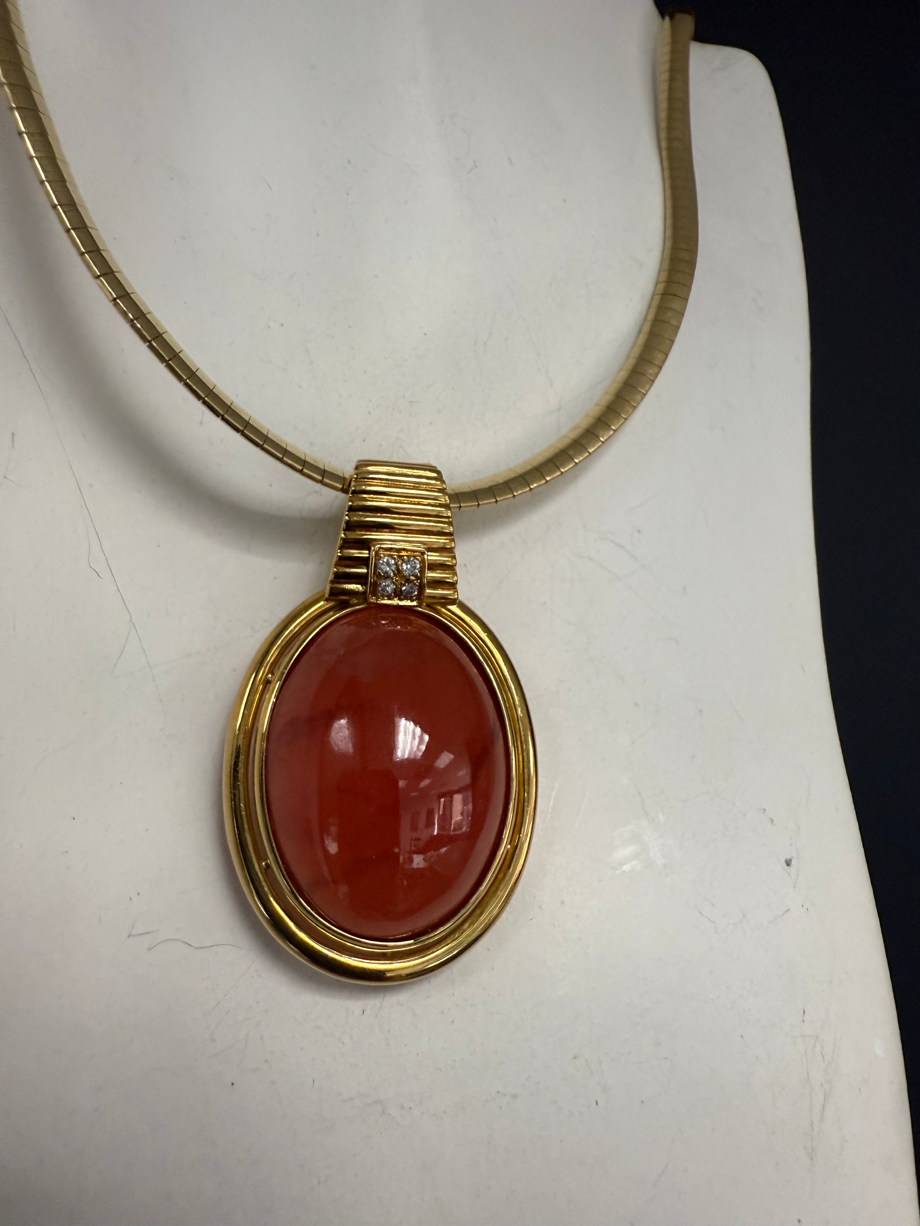 Retro Gold Natural Rhodochrosite & Diamond Statement Pendant Circa 1970