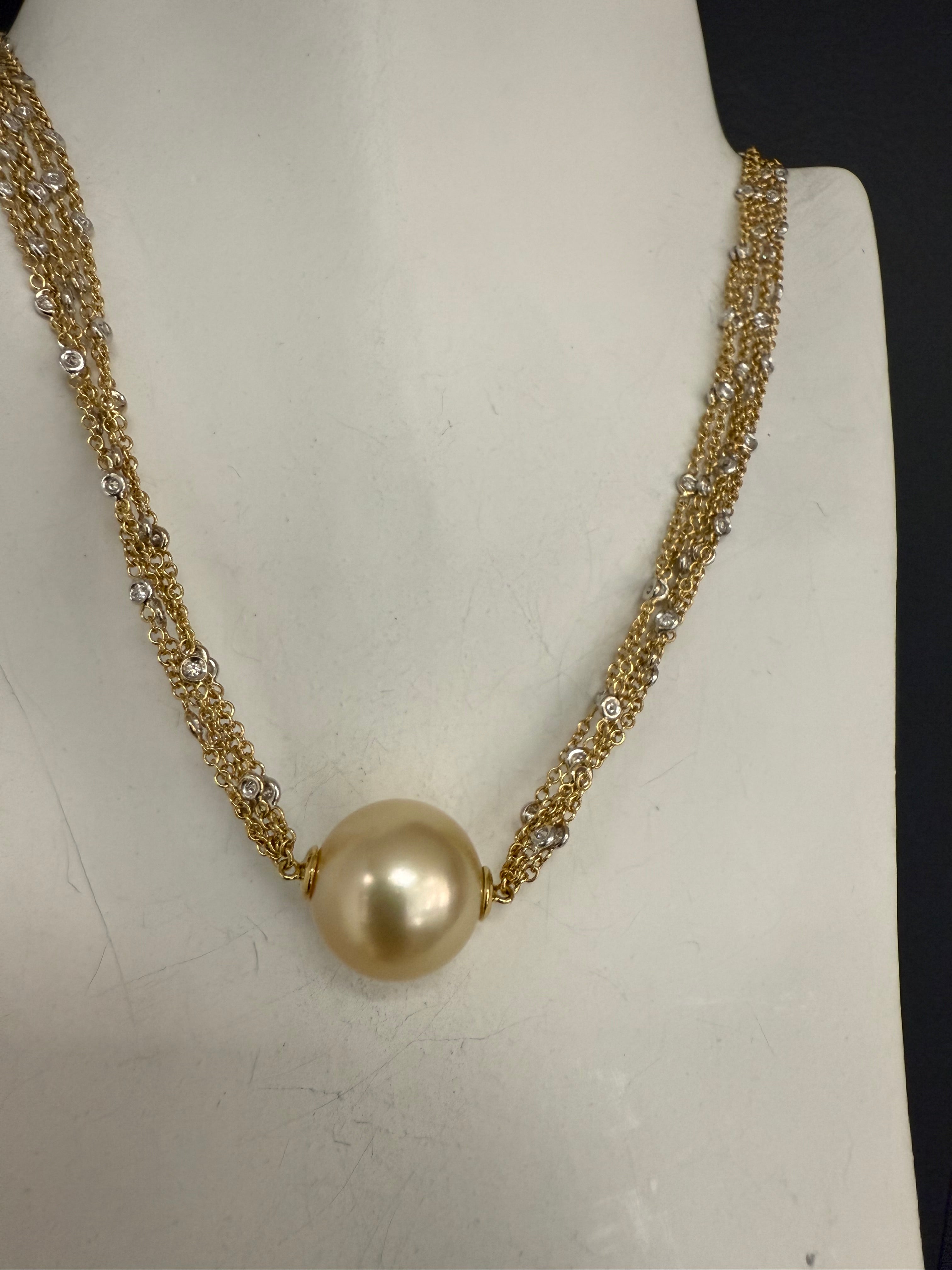 Modern Gold 1ct Diamond & 15mm Golden South Sea Pearl Necklace by HERCO