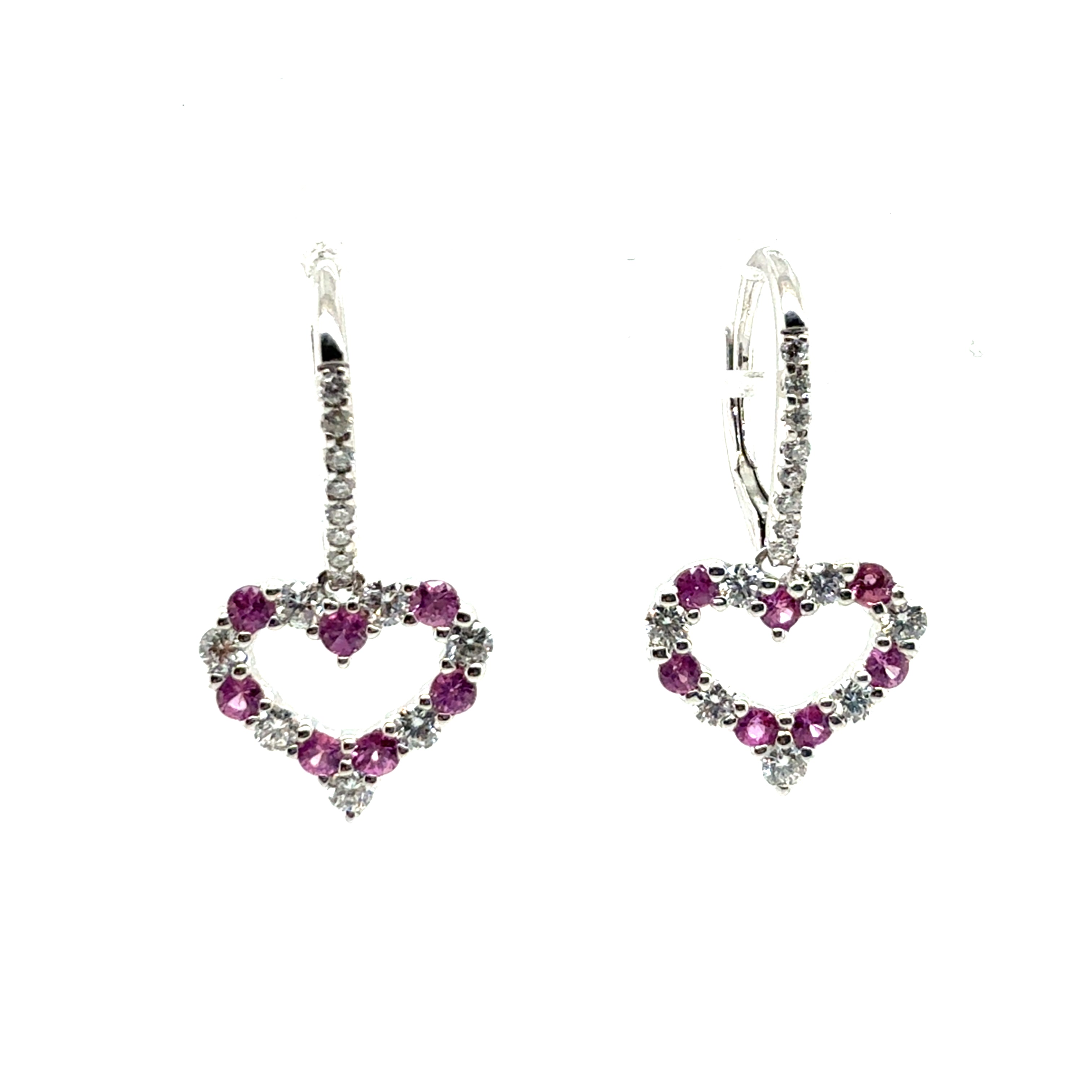 Modern White Gold 1.08 CT Natural Diamond & Pink Sapphire Heart Drop Earrings