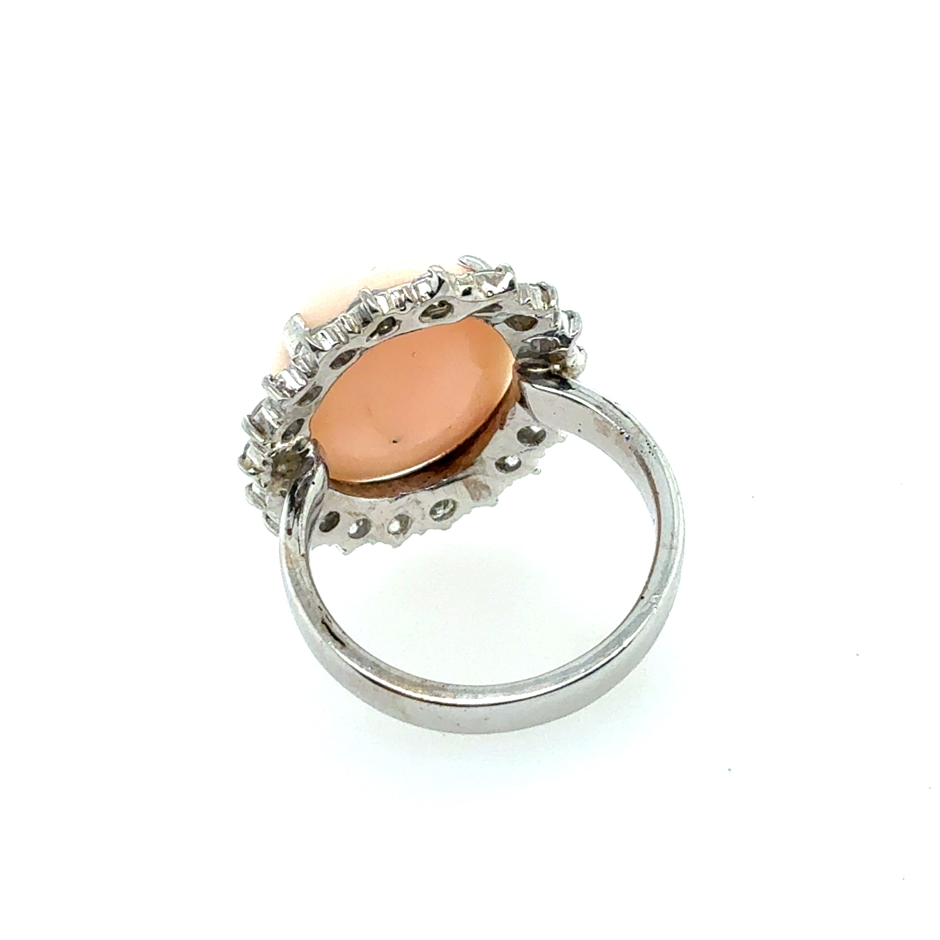 Retro White Gold Pink Coral & Natural Diamond Statement Ring Circa 1970