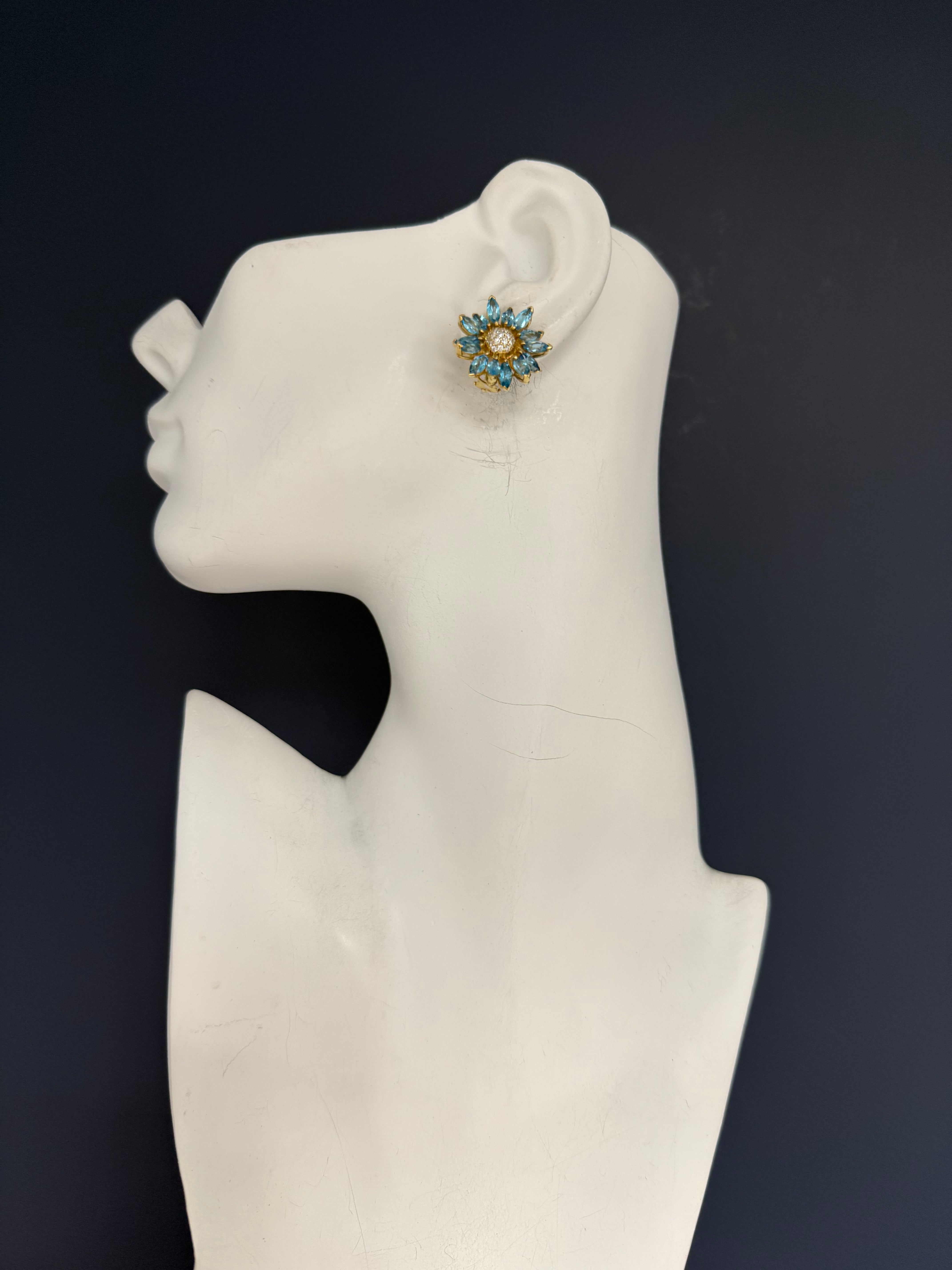Retro Gold Natural Marquise London Blue Topaz Diamond Floral Earrings Circa 1970