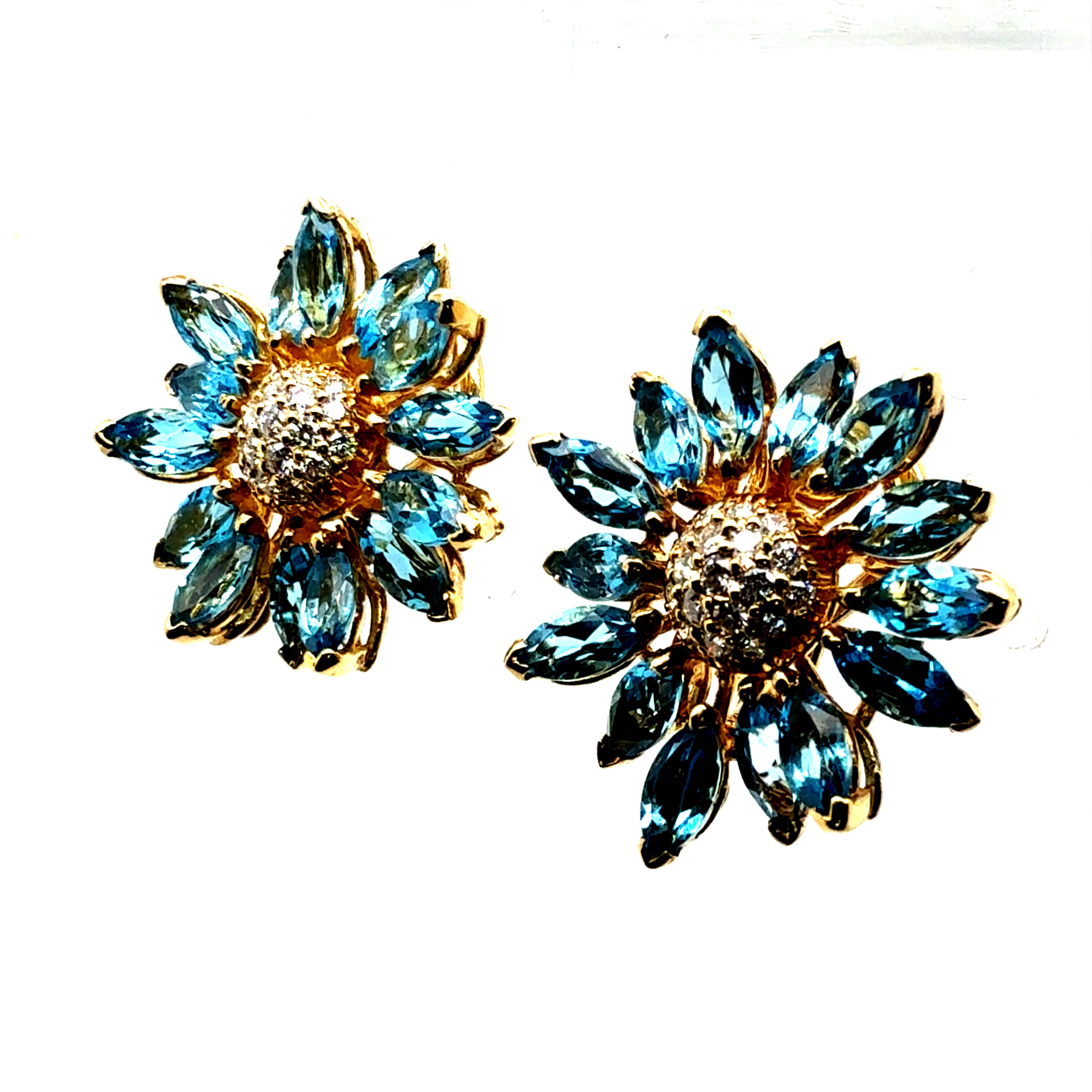 Retro Gold Natural Marquise London Blue Topaz Diamond Floral Earrings Circa 1970