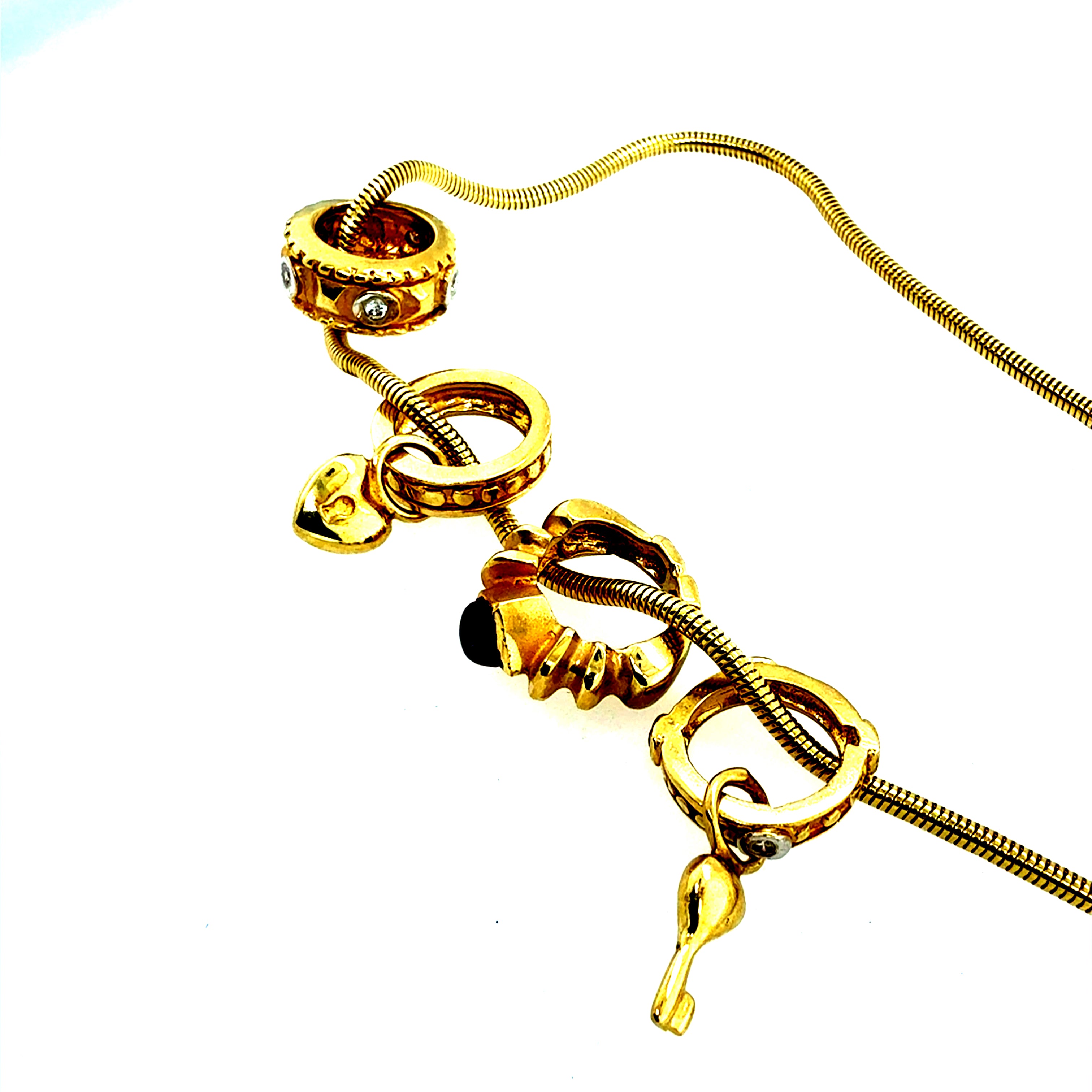 Retro Yellow Gold Designer Gemstone Charm Statement Necklace Circa 1980