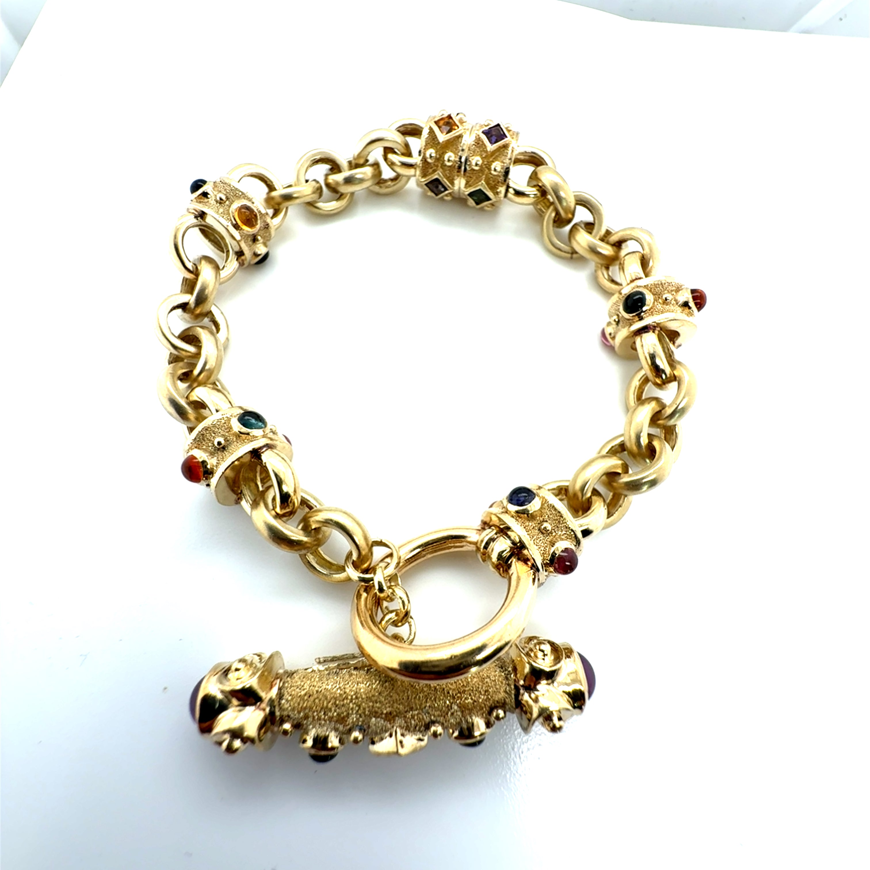 Statement 14K Gold Toggle Bracelet with Amethyst, Sapphire, Tourmaline Cabochon