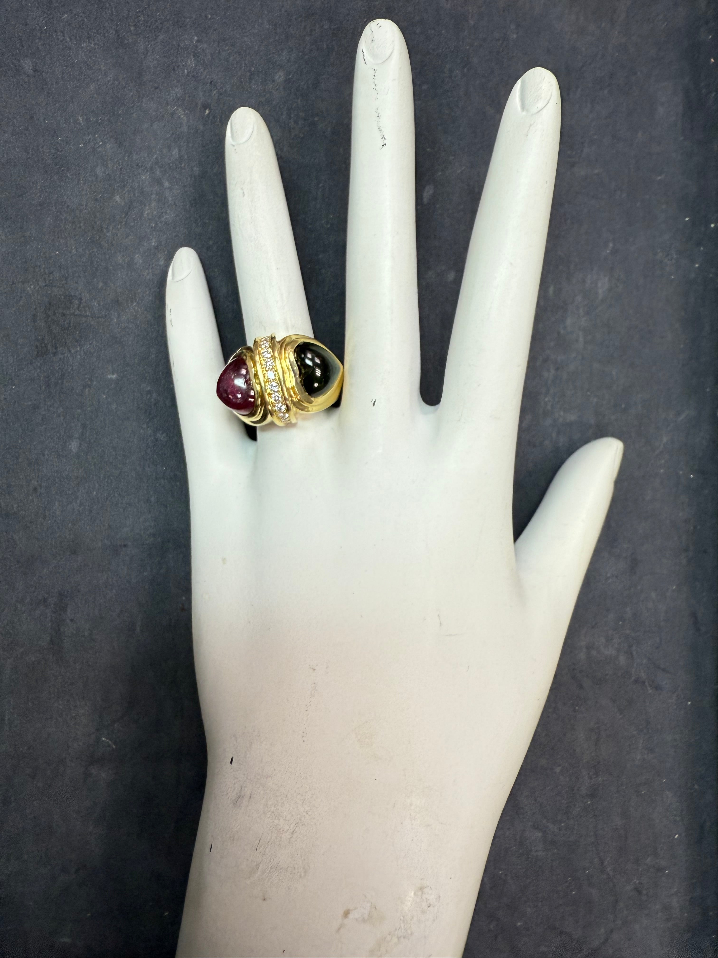 Retro Gold Natural Diamond & Tourmaline Cabochon Statement Ring Circa 1970