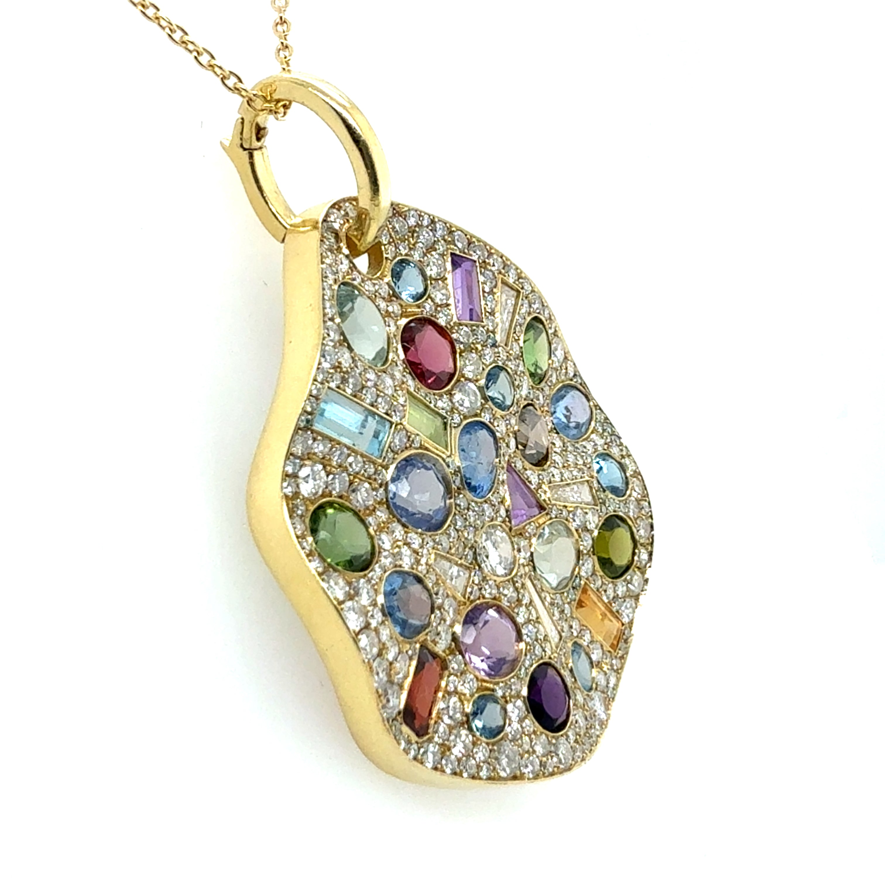 Modern Yellow Gold 4 Carat Natural Diamond & Multicolor Statement Pendant