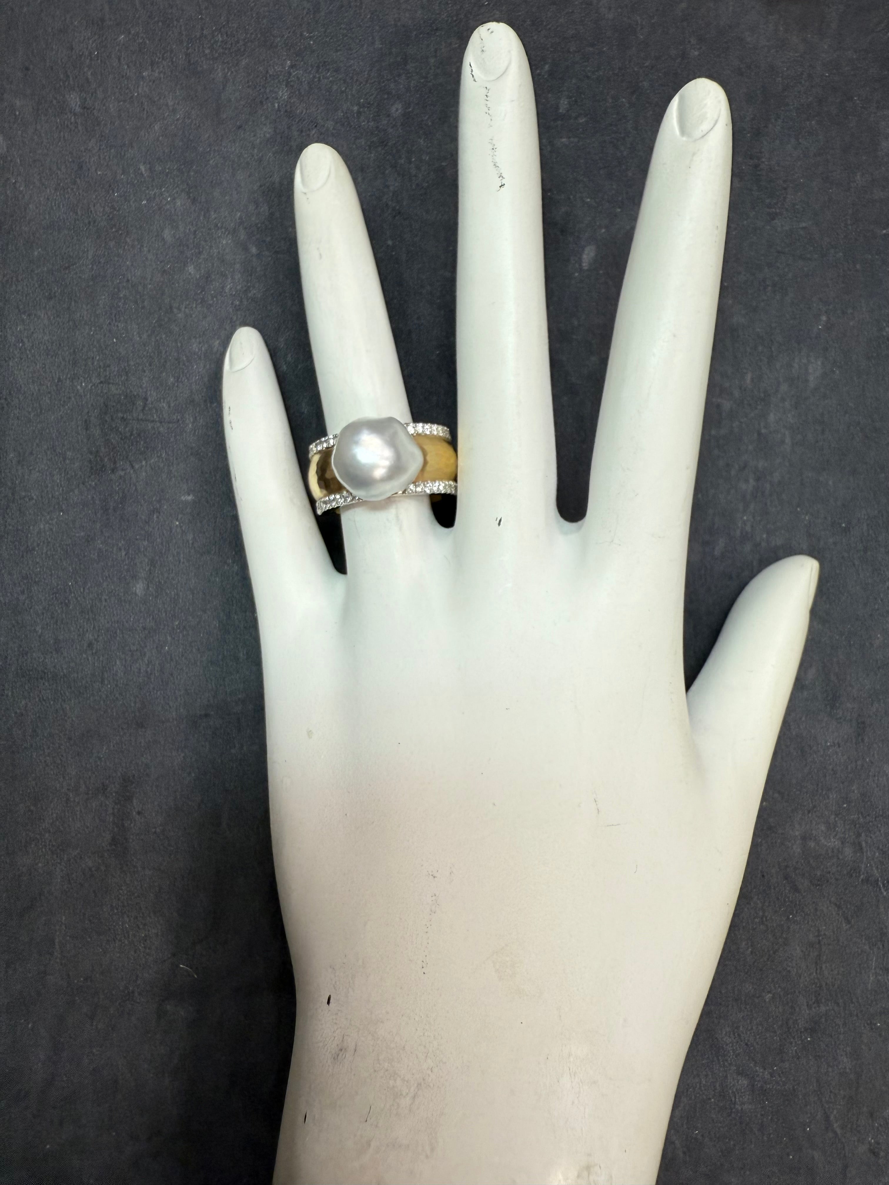 Retro Two-Tone Gold Natural Diamond & South Sea Pearl Statement Ring Circa 1980s