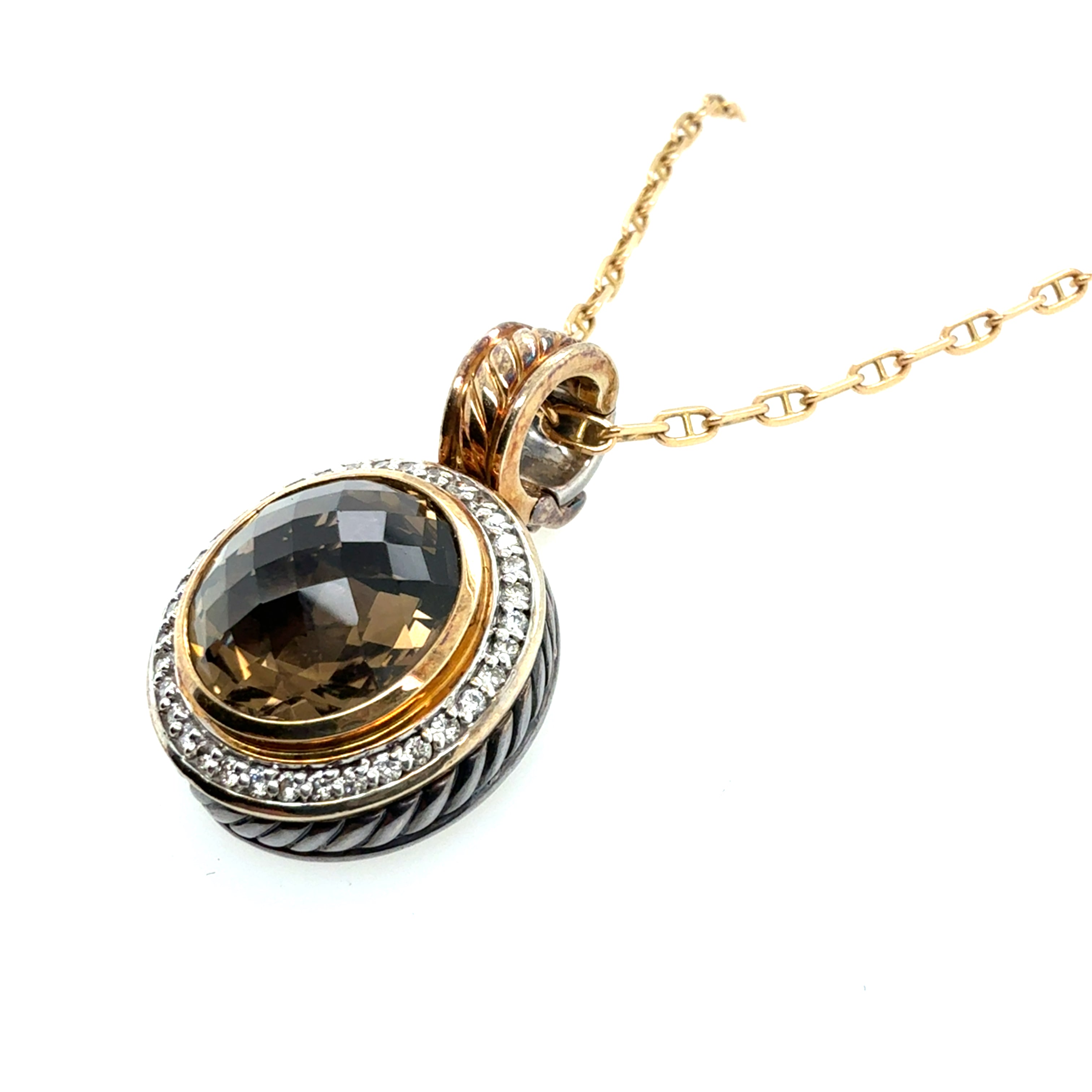 Modern Gold & Silver Natural Smoky Topaz & Diamond Pendant by David Yurman