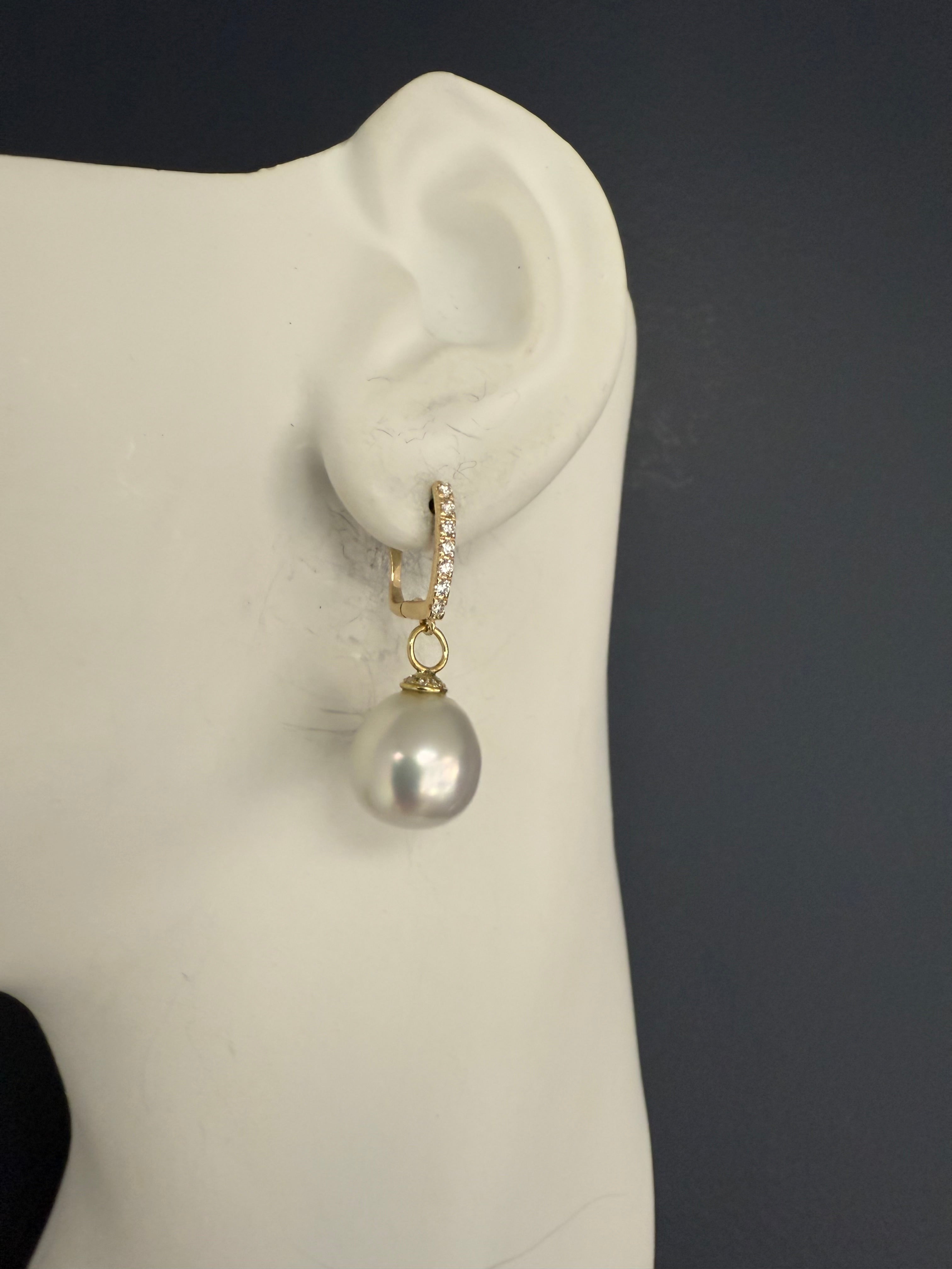 Modern Gold .35 Carat Natural Diamond & 12.5mm South Sea Pearl Drop Earrings