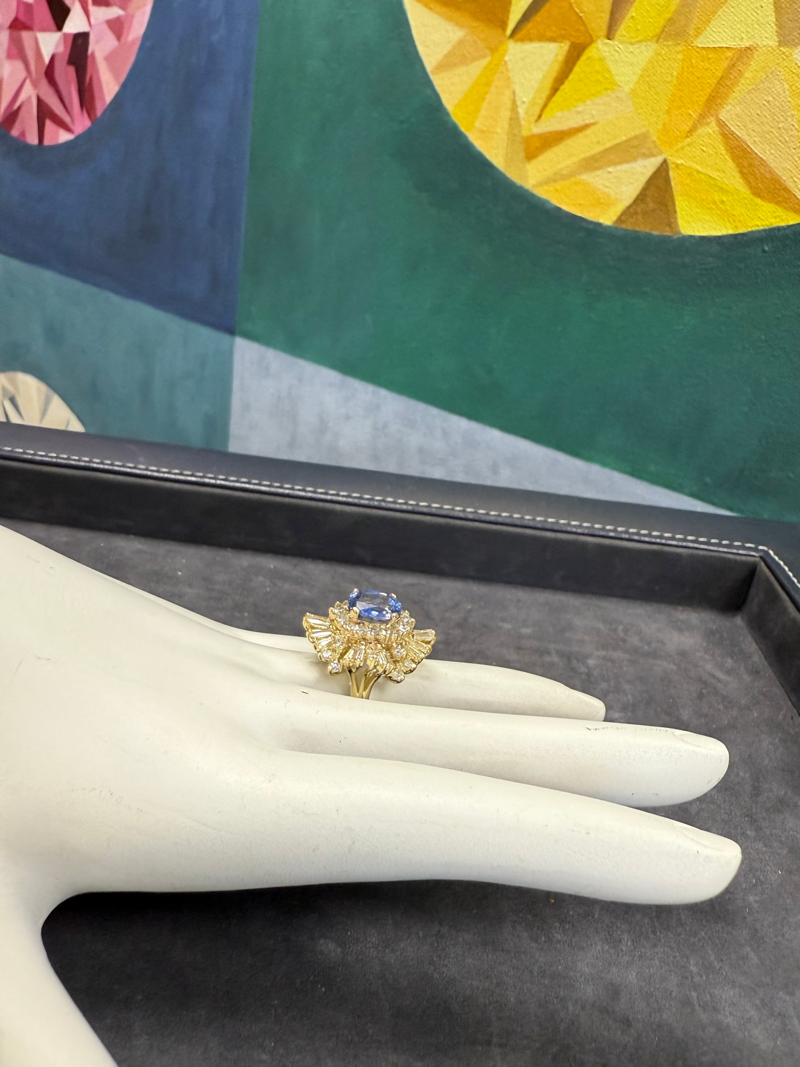 Retro Gold 4.75 Carat Natural Blue Sapphire & Diamond Ballerina Ring Circa 1970