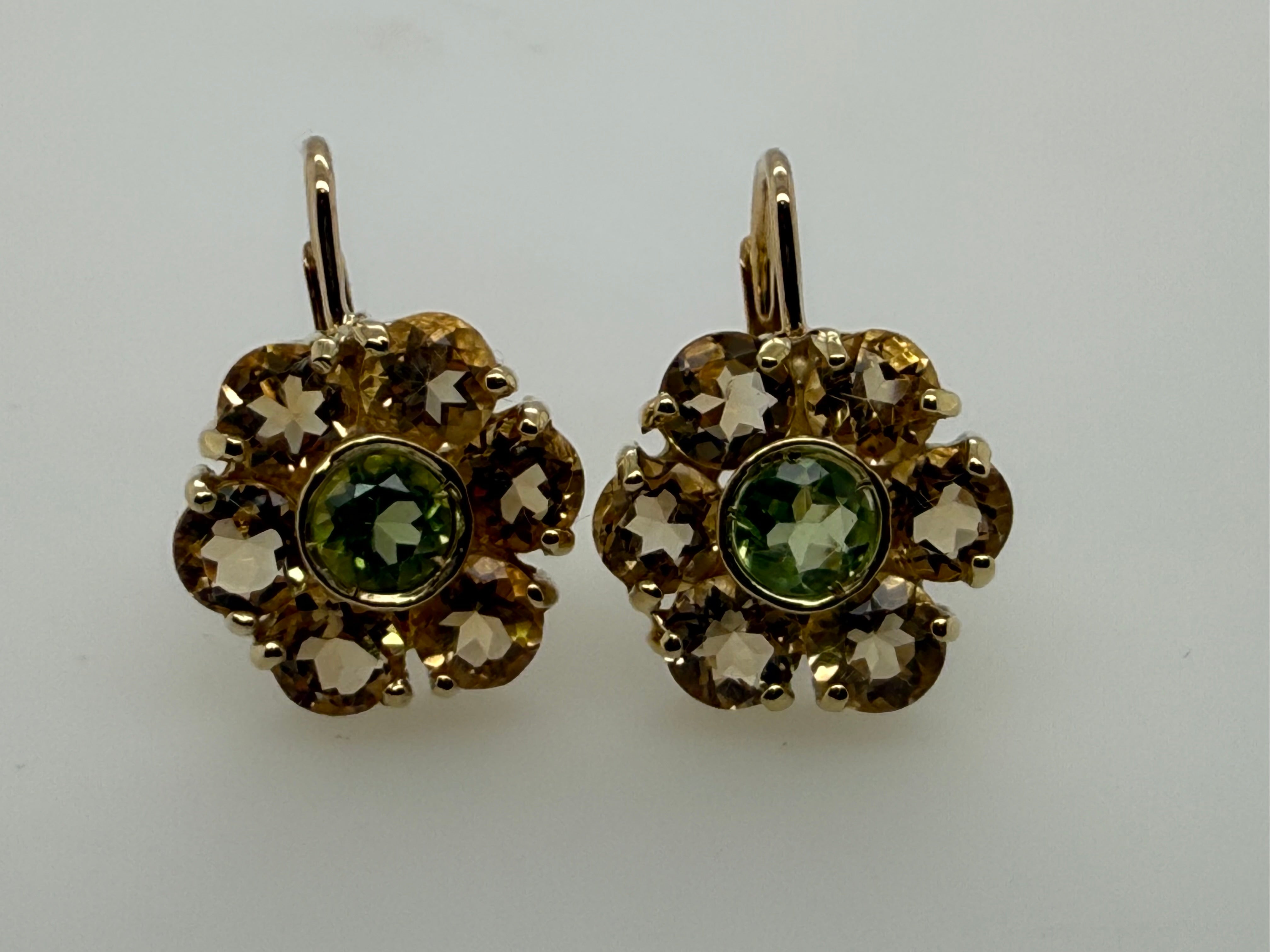 Modern Yellow Gold Green Peridot and Citrine Quartz Statement Earrings