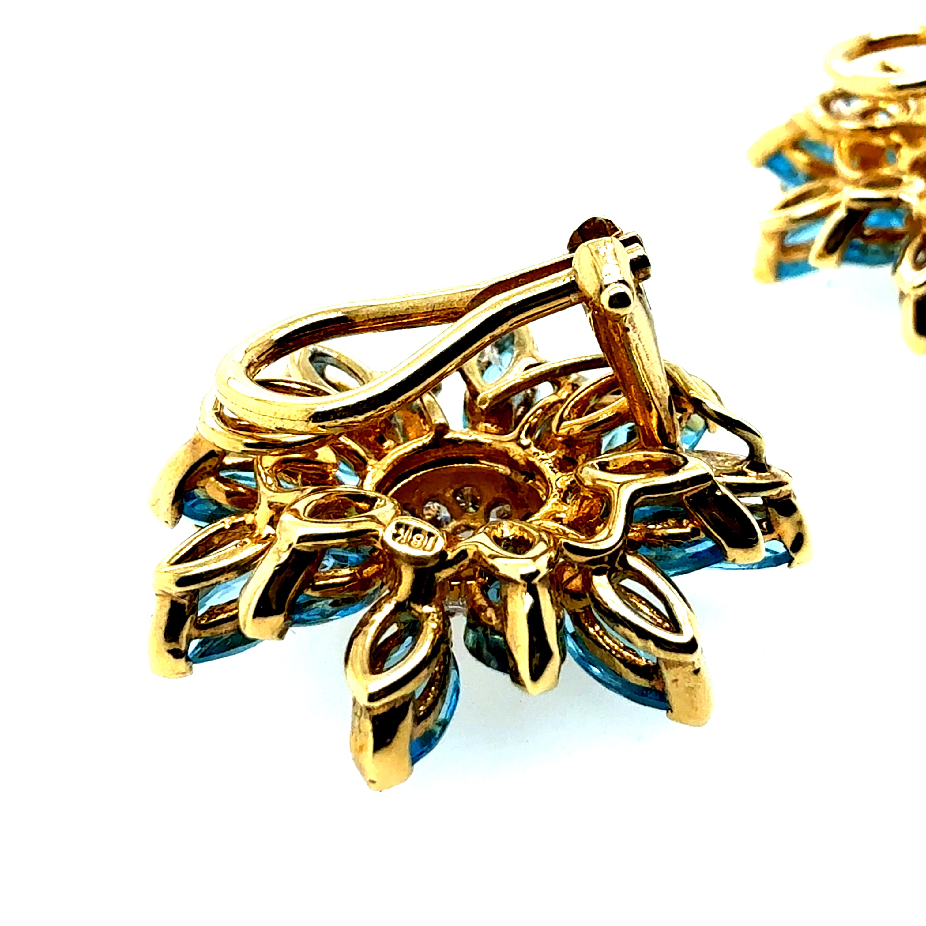 Retro Gold Natural Marquise London Blue Topaz Diamond Floral Earrings Circa 1970