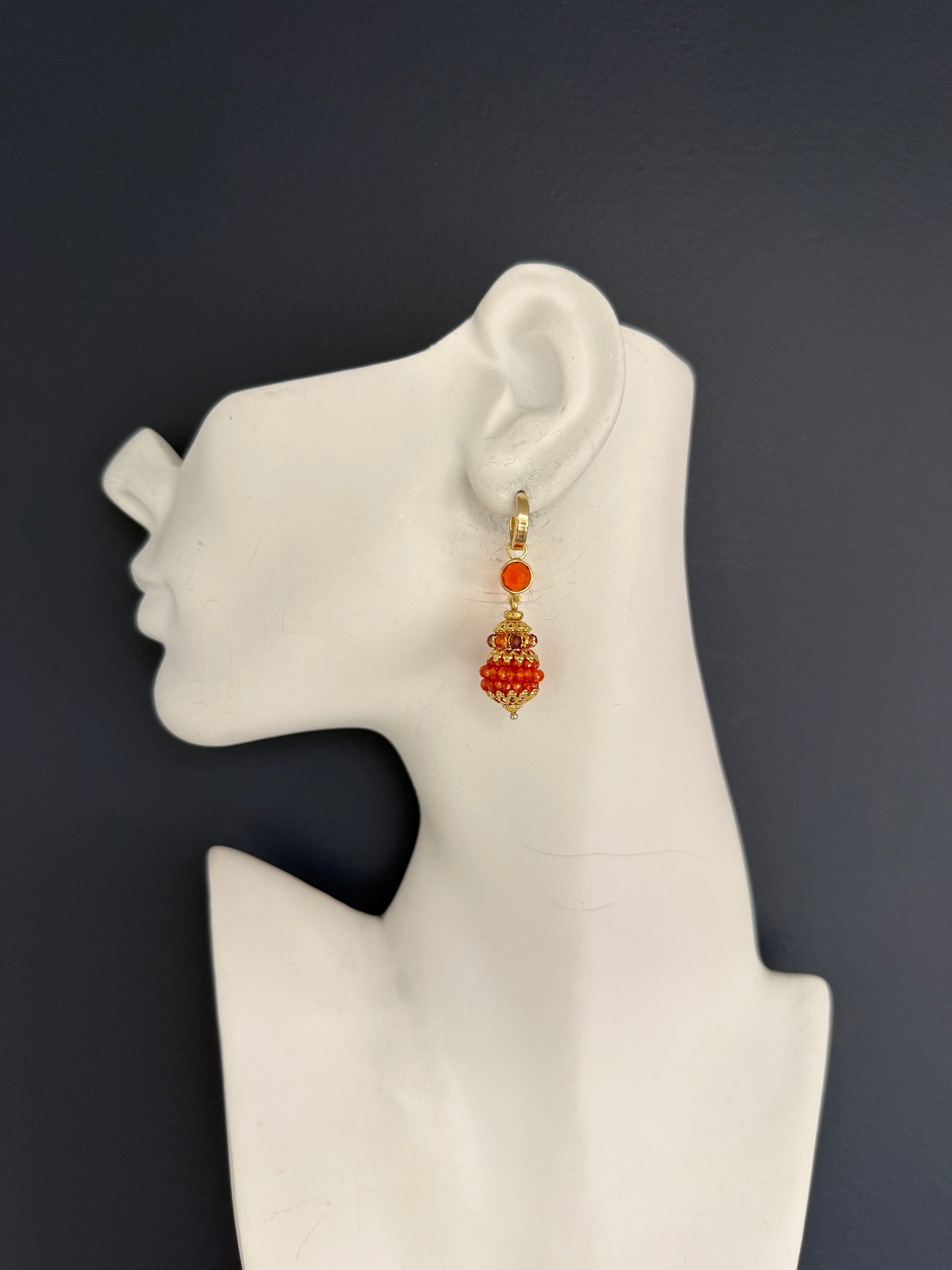Retro Gold Drop Earrings with Layered Orange Mexican Rose Cut Opals