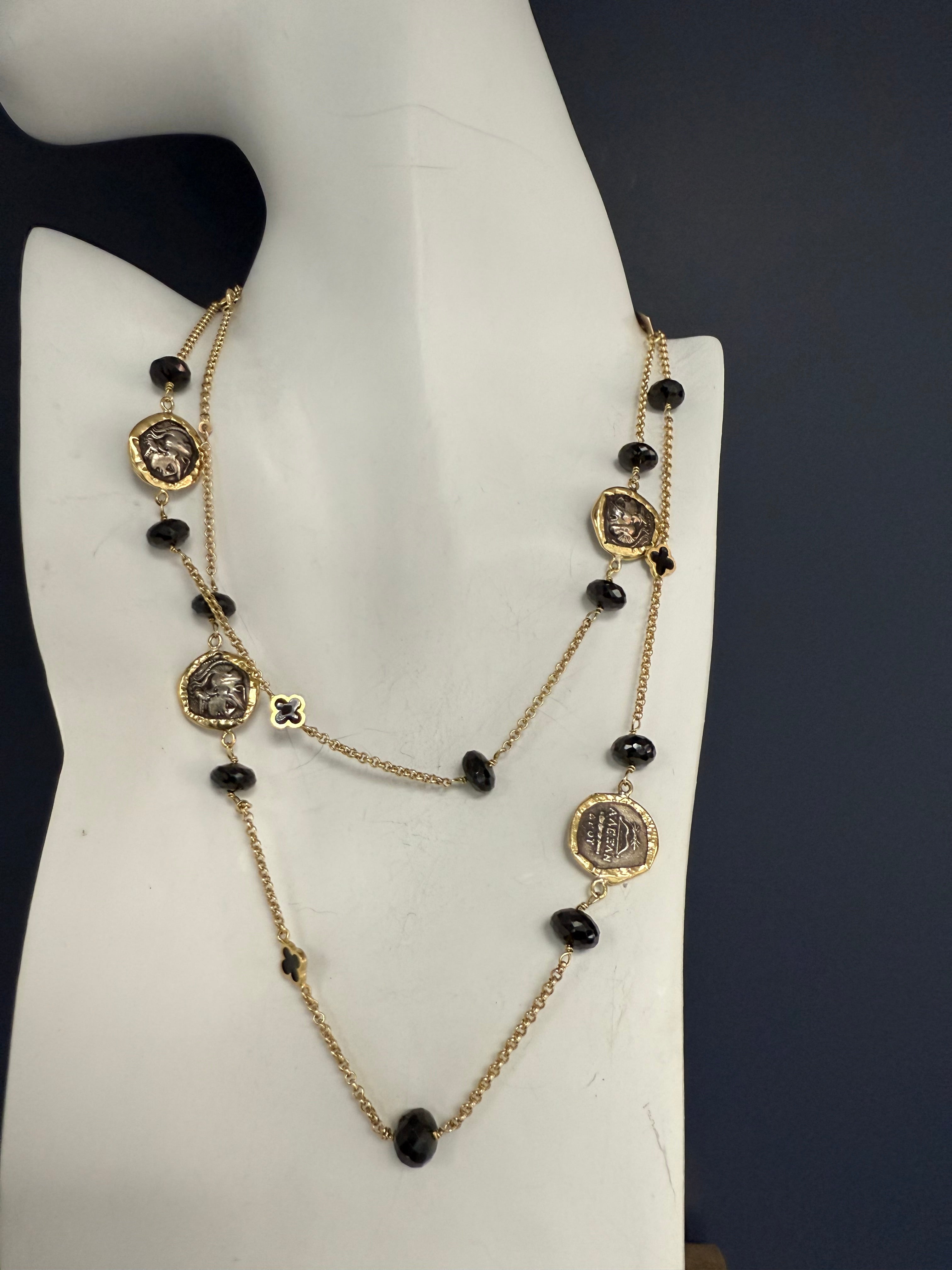 Retro Gold Ancient Greek Helios Coin 36 Inch Statement Necklace by Misento