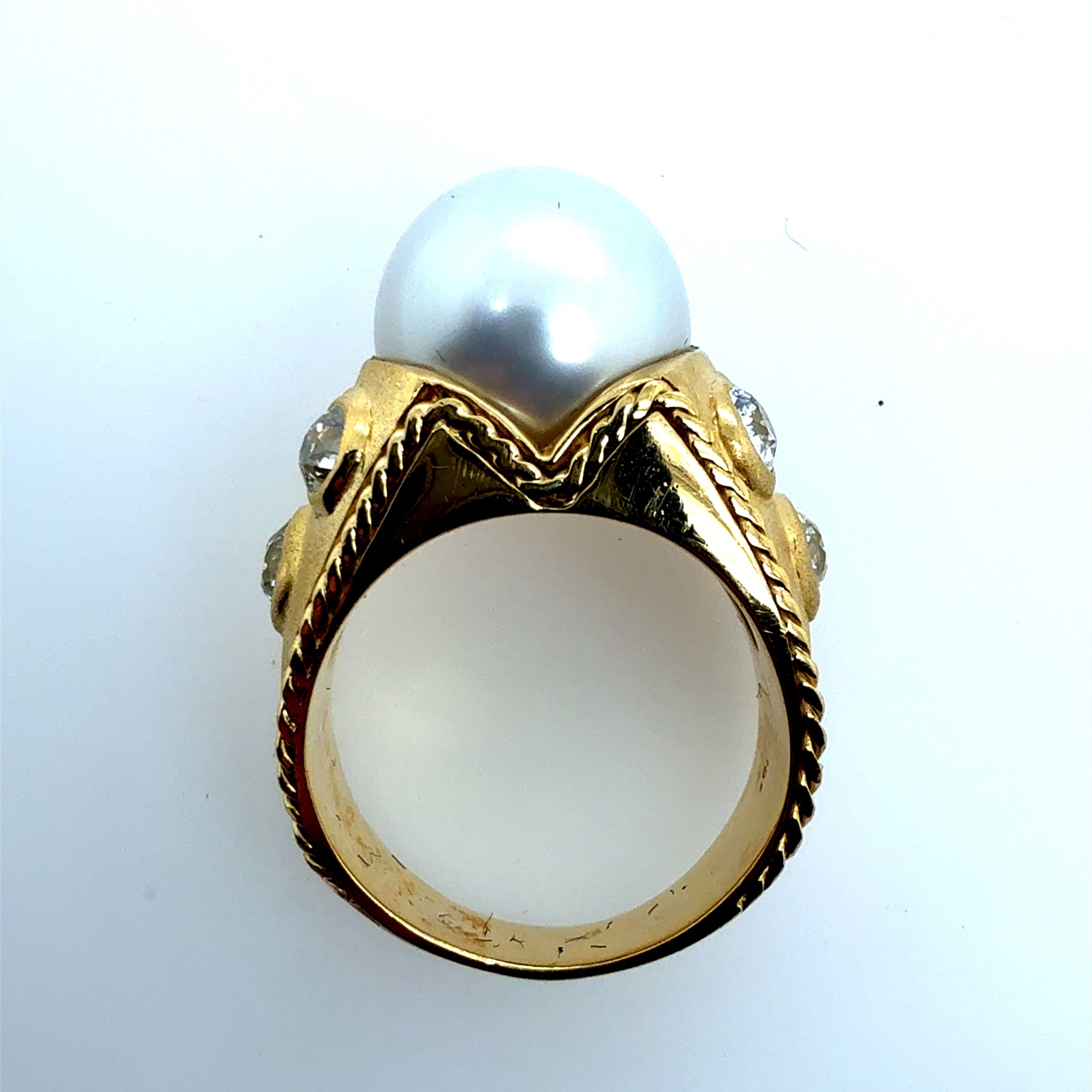 Retro Gold Natural 1 CT Old Mine Cut Diamond & South Sea Pearl Ring Circa 1990