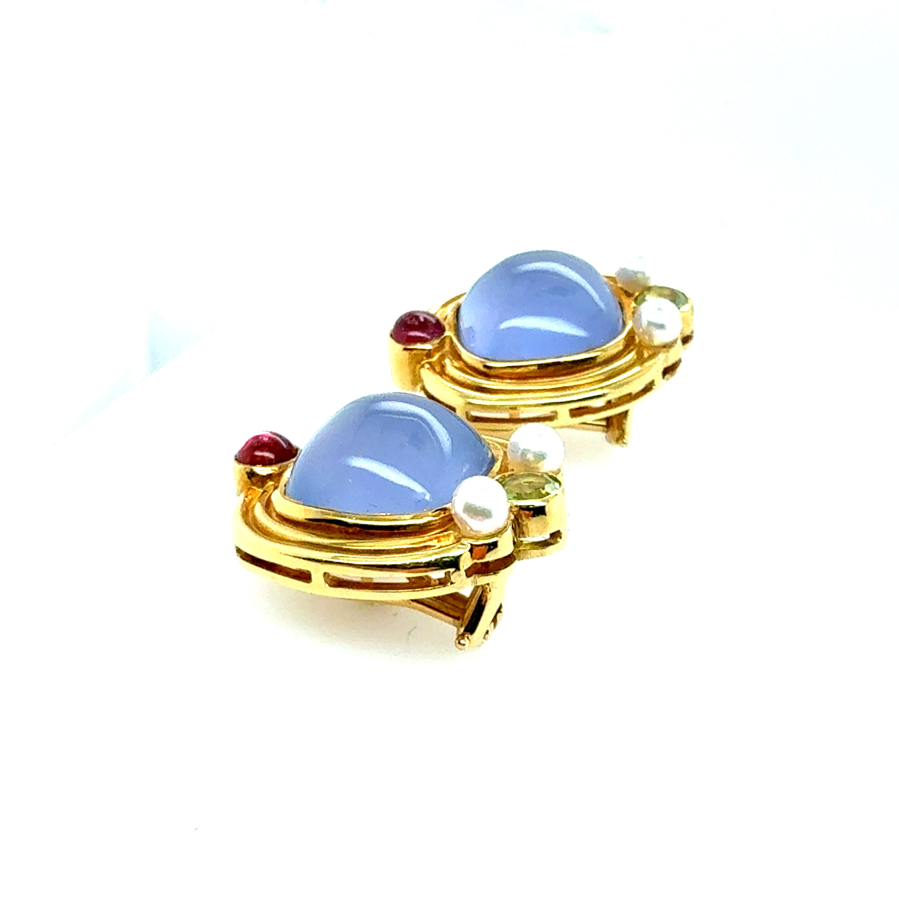 Retro Gold Cabochon Earrings with Chalcedony, Tourmaline & Peridot