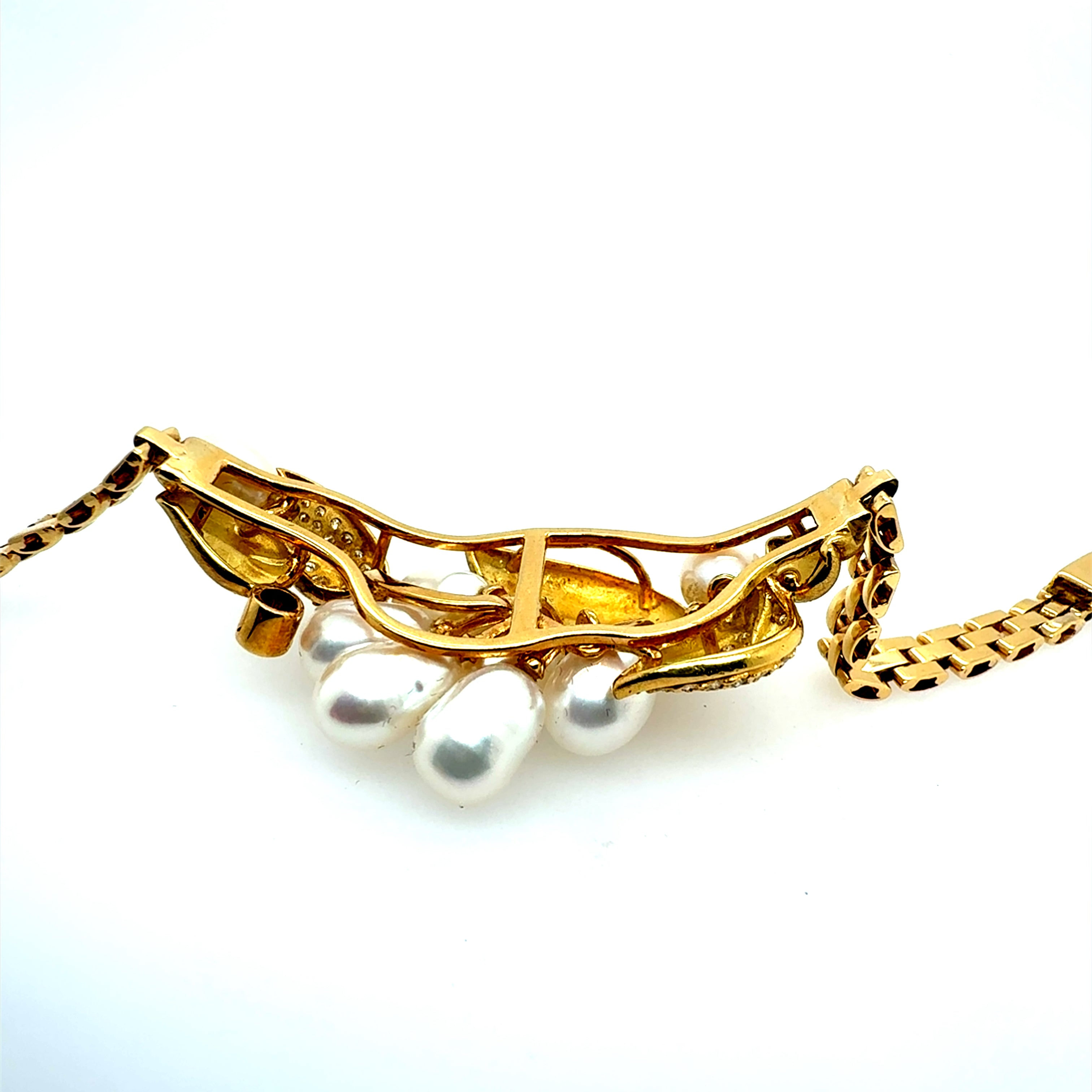 Retro Gold 0.75 Carat Diamond and Pearl Statement Leaf Bracelet Circa 1960