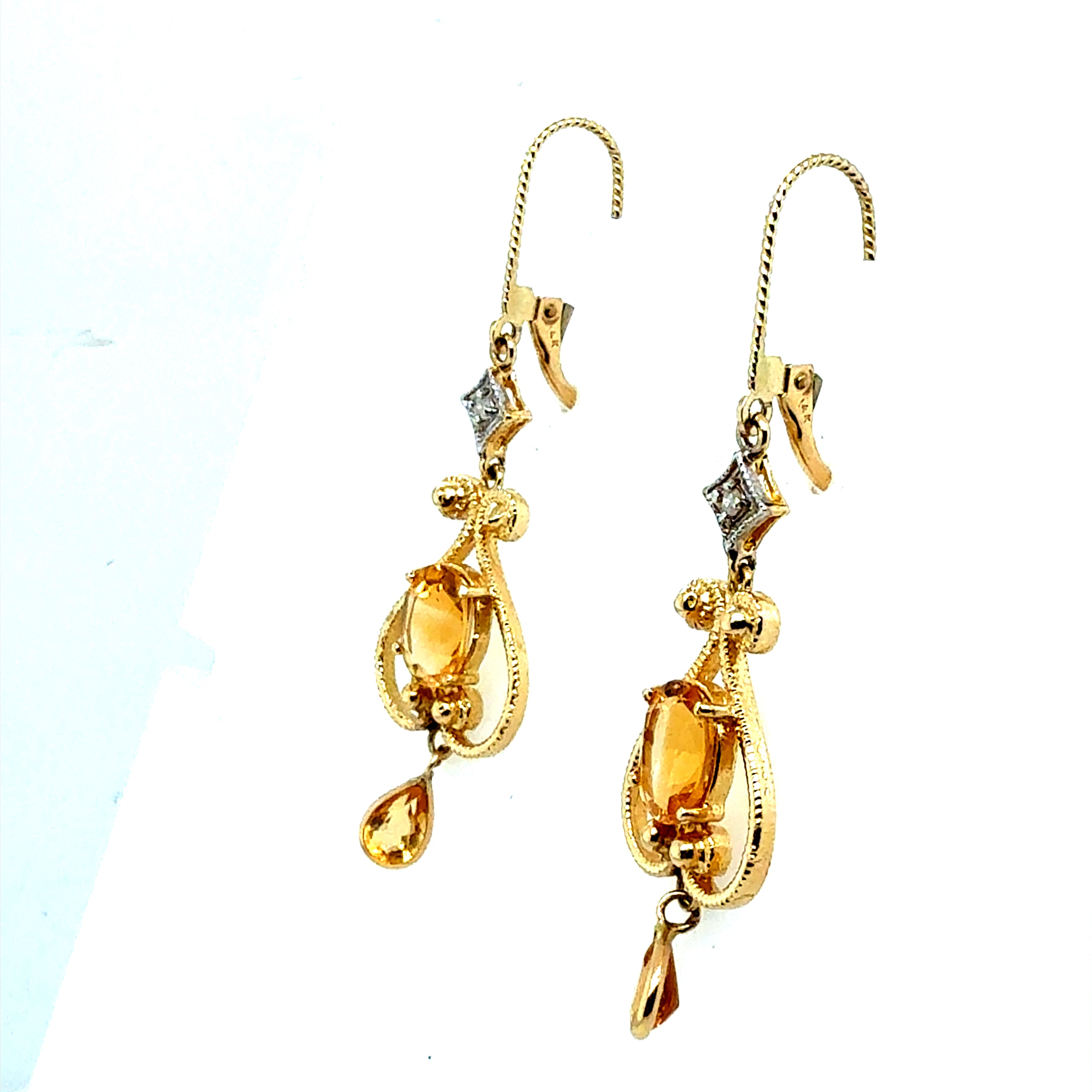 Modern Yellow Gold Natural Citrine Quartz and Diamond Drop Earrings
