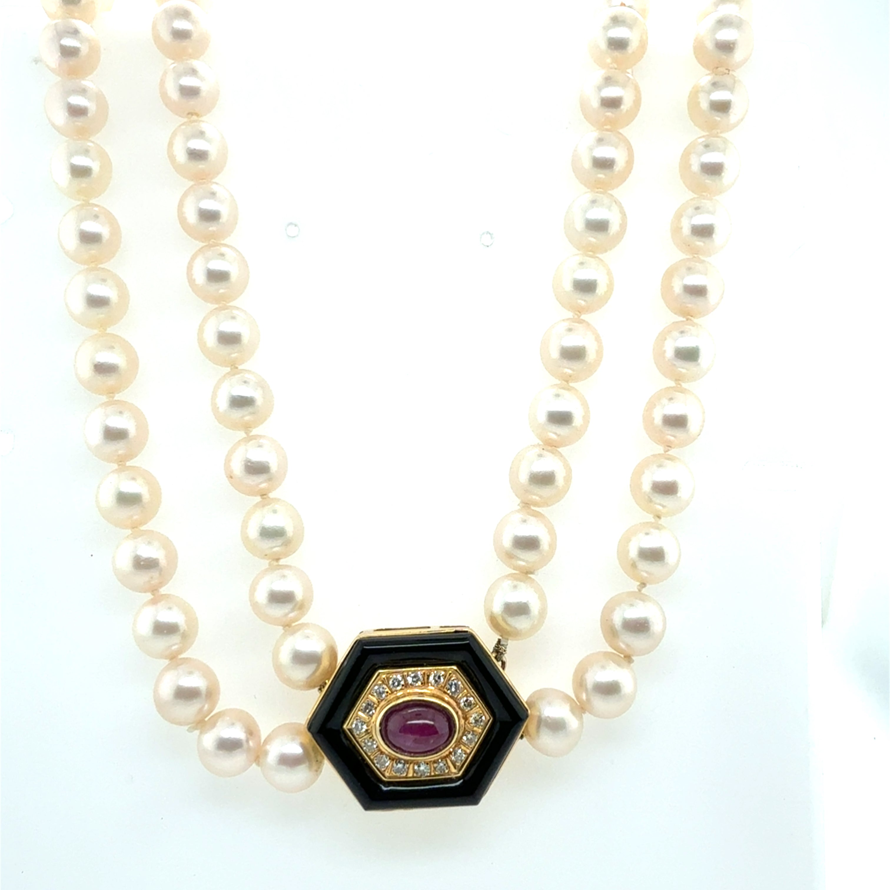 Retro Gold Double Row Pearl Onyx 0.4ct Natural Diamond Ruby CAB Necklace 1980