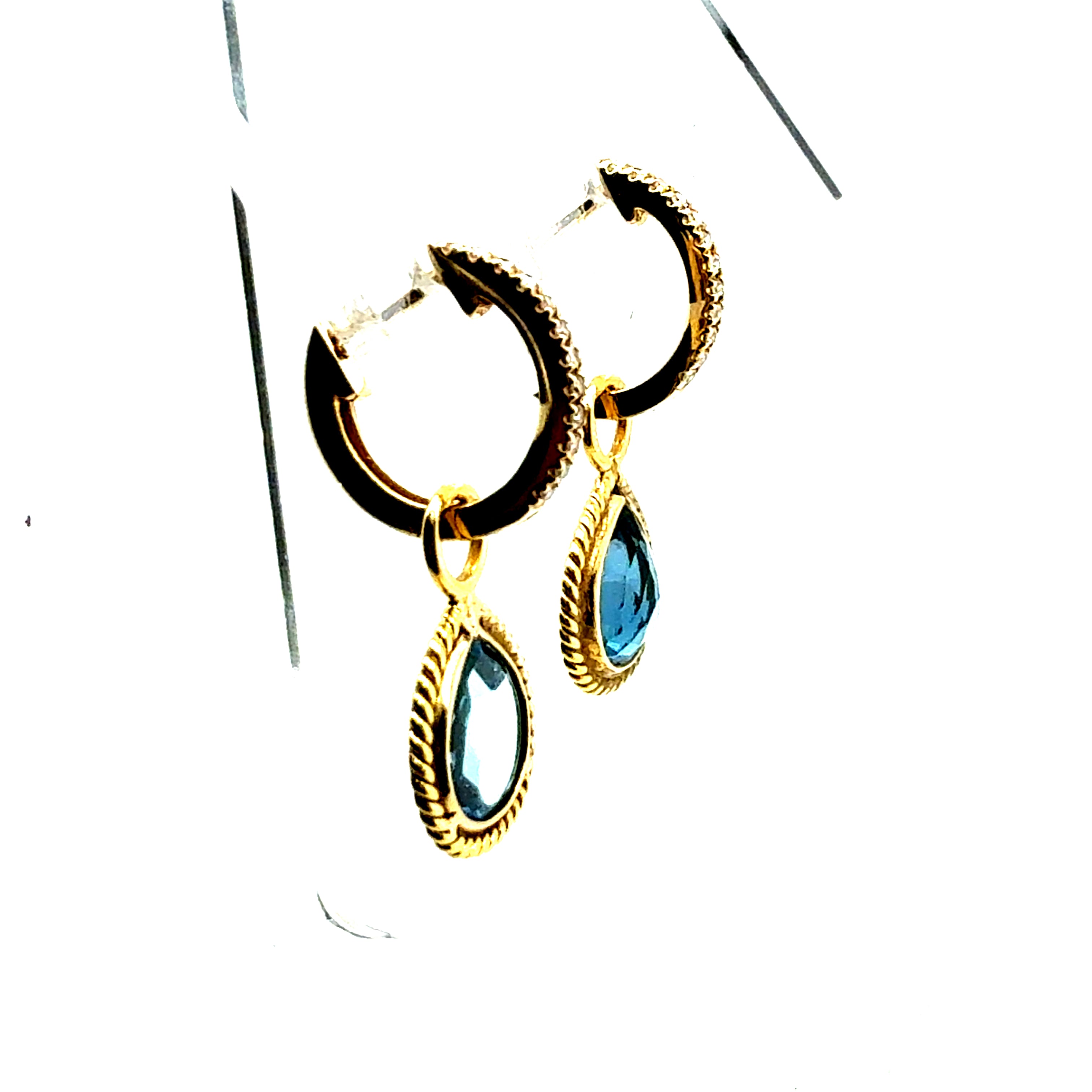 Retro Gold Natural Rose Cut London Blue Topaz & Diamond Drop Enhancer Earrings