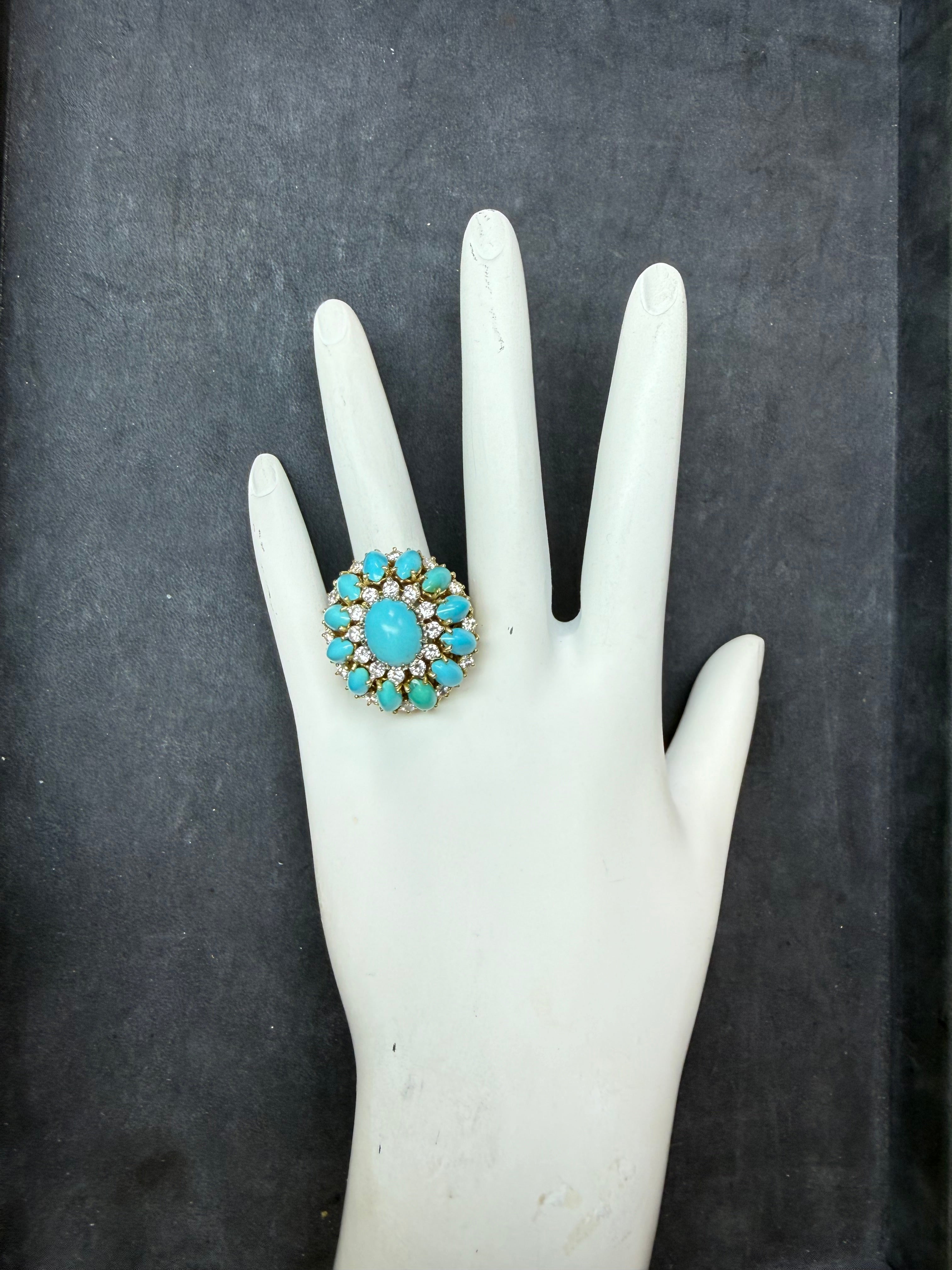 Retro Gold 1.1 CT Natural Diamond & Turquoise Cocktail Ring Circa 1960