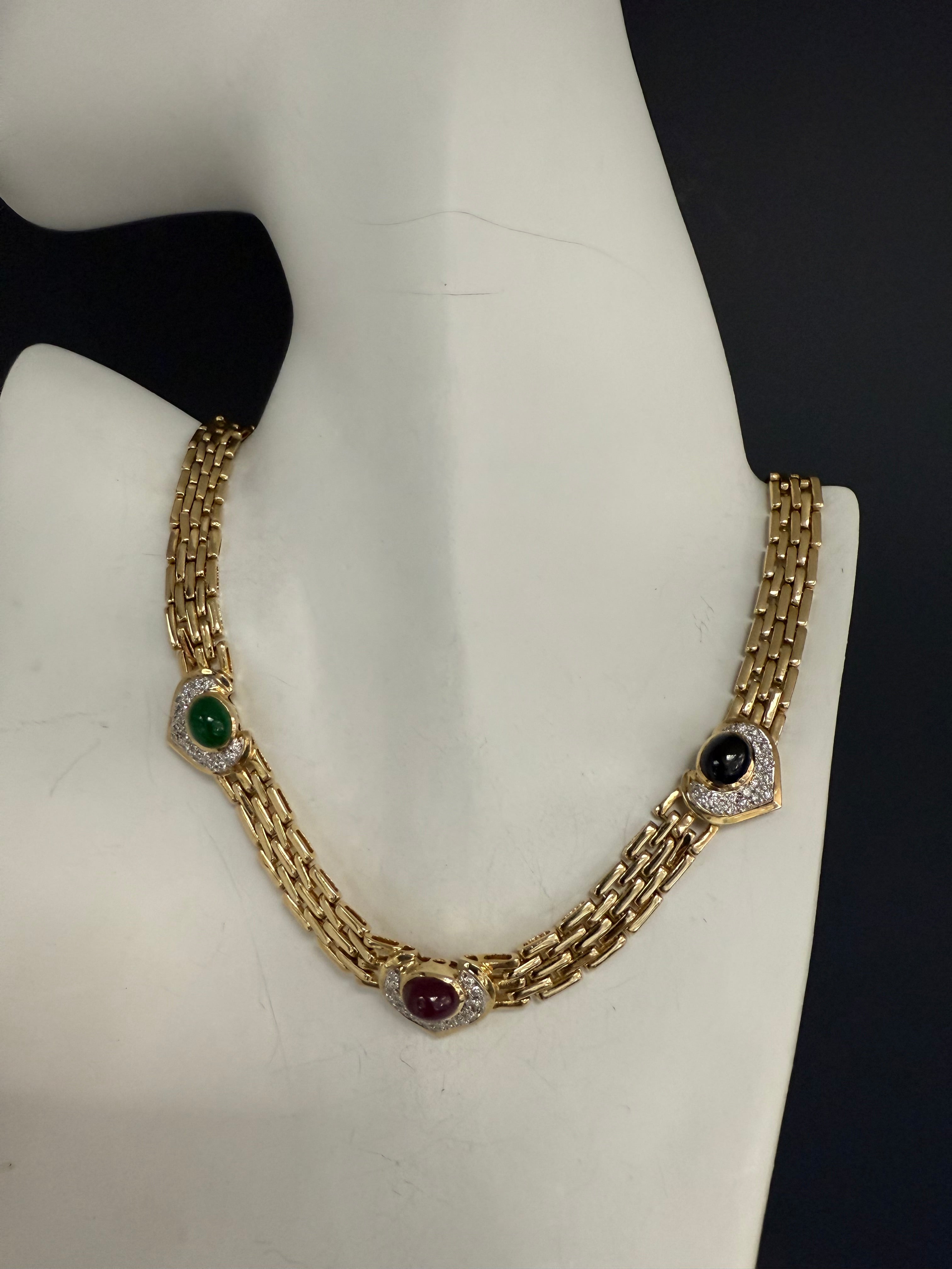 Retro Gold 8 CT Diamond and Multicolor Cabochon Statement Necklace Circa 1980