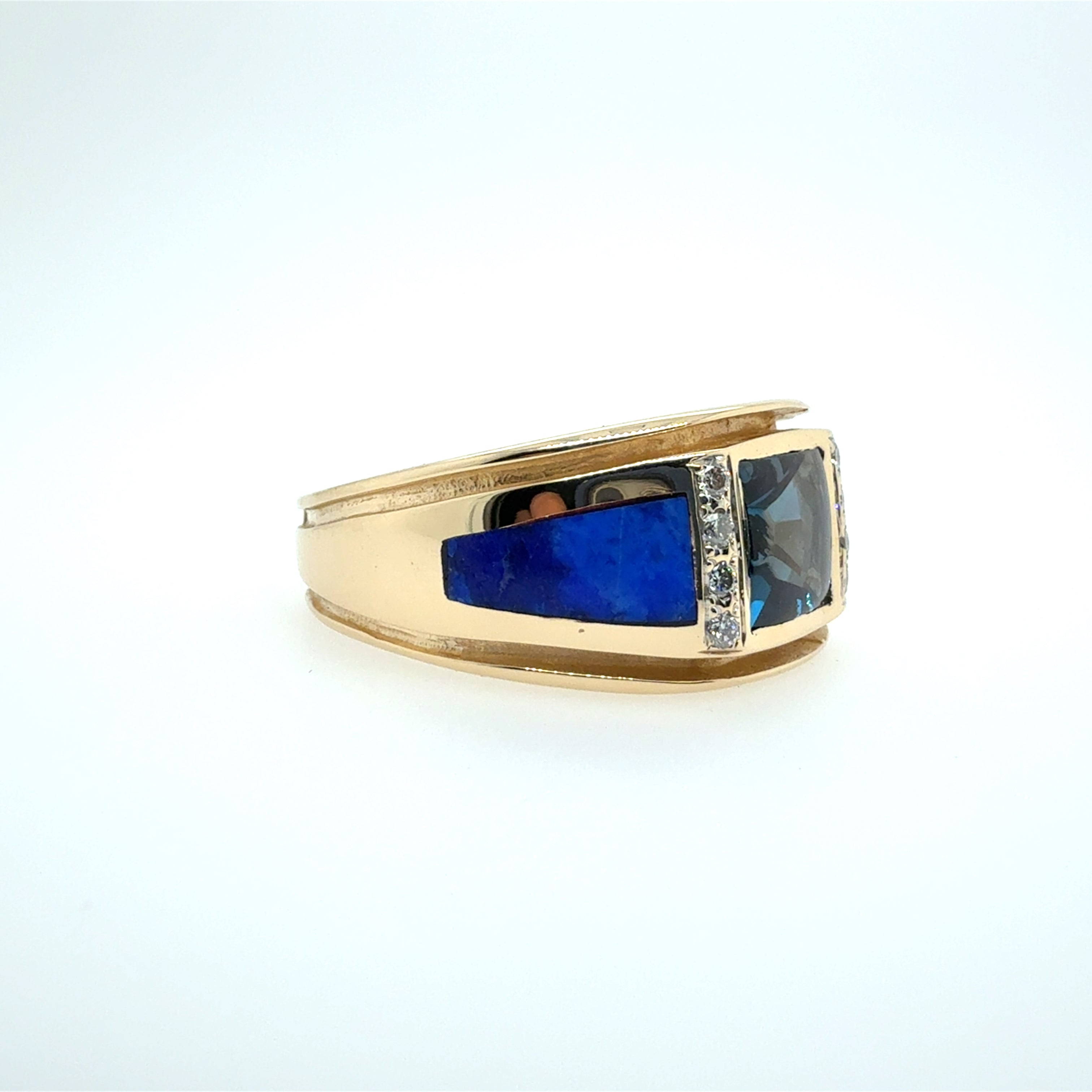 Retro Gold Natural London Blue Topaz & Diamond Mens Ring Circa 1980