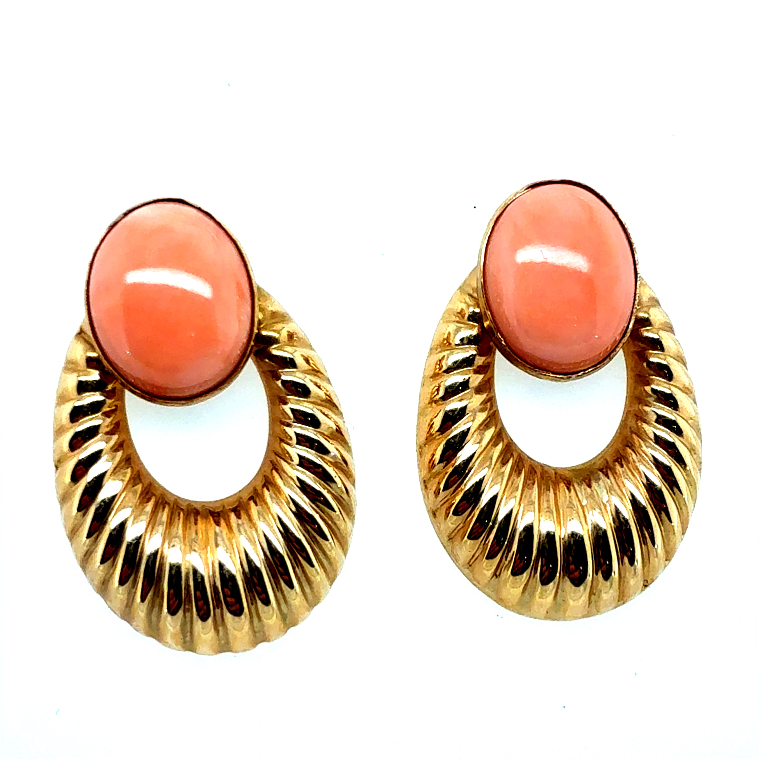 Retro Gold Pink Coral Cabochon Statement Earrings, Circa 1970
